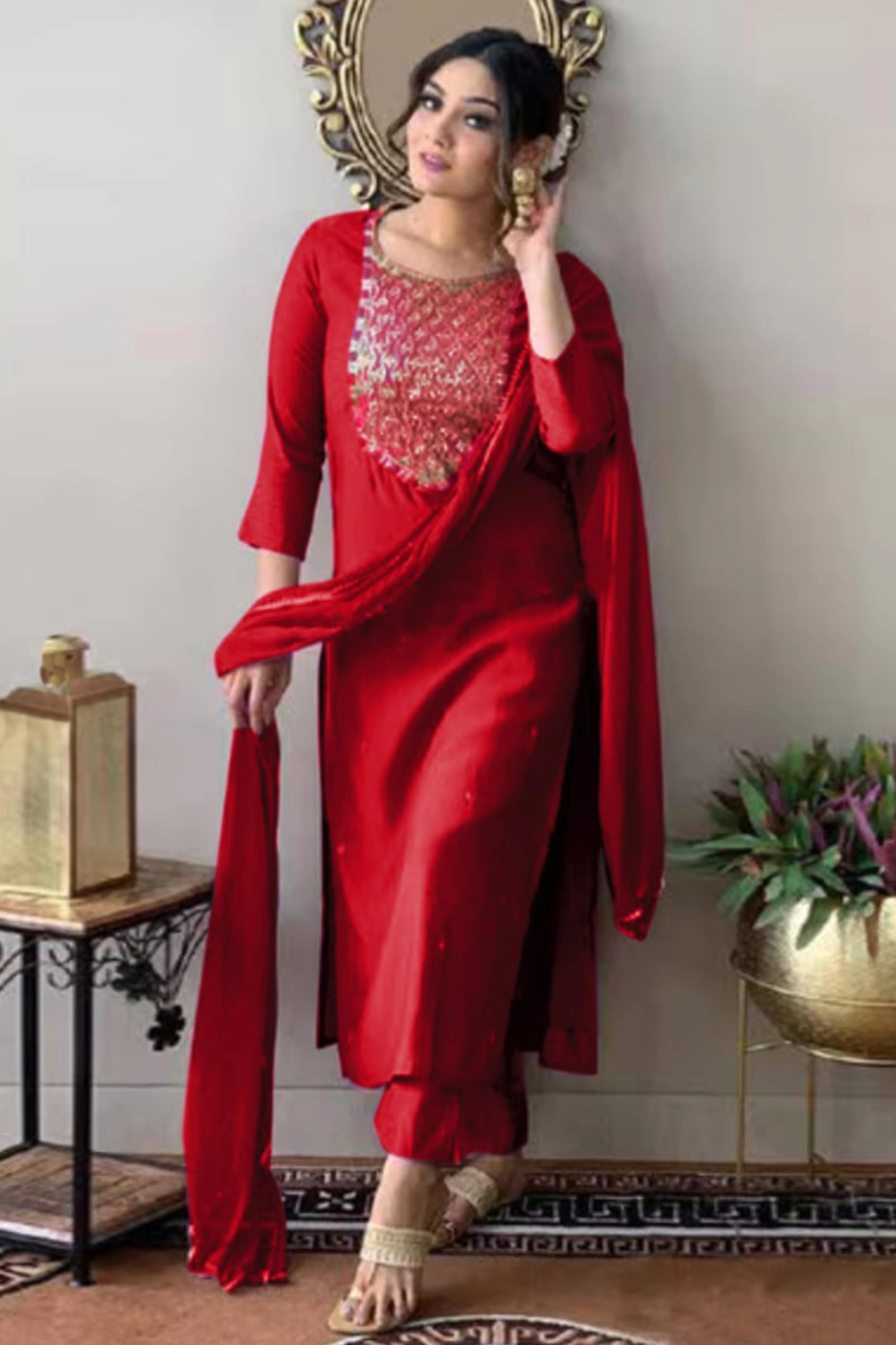 Red Sequins Embroidered Rayon Salwar Suit - Image 4