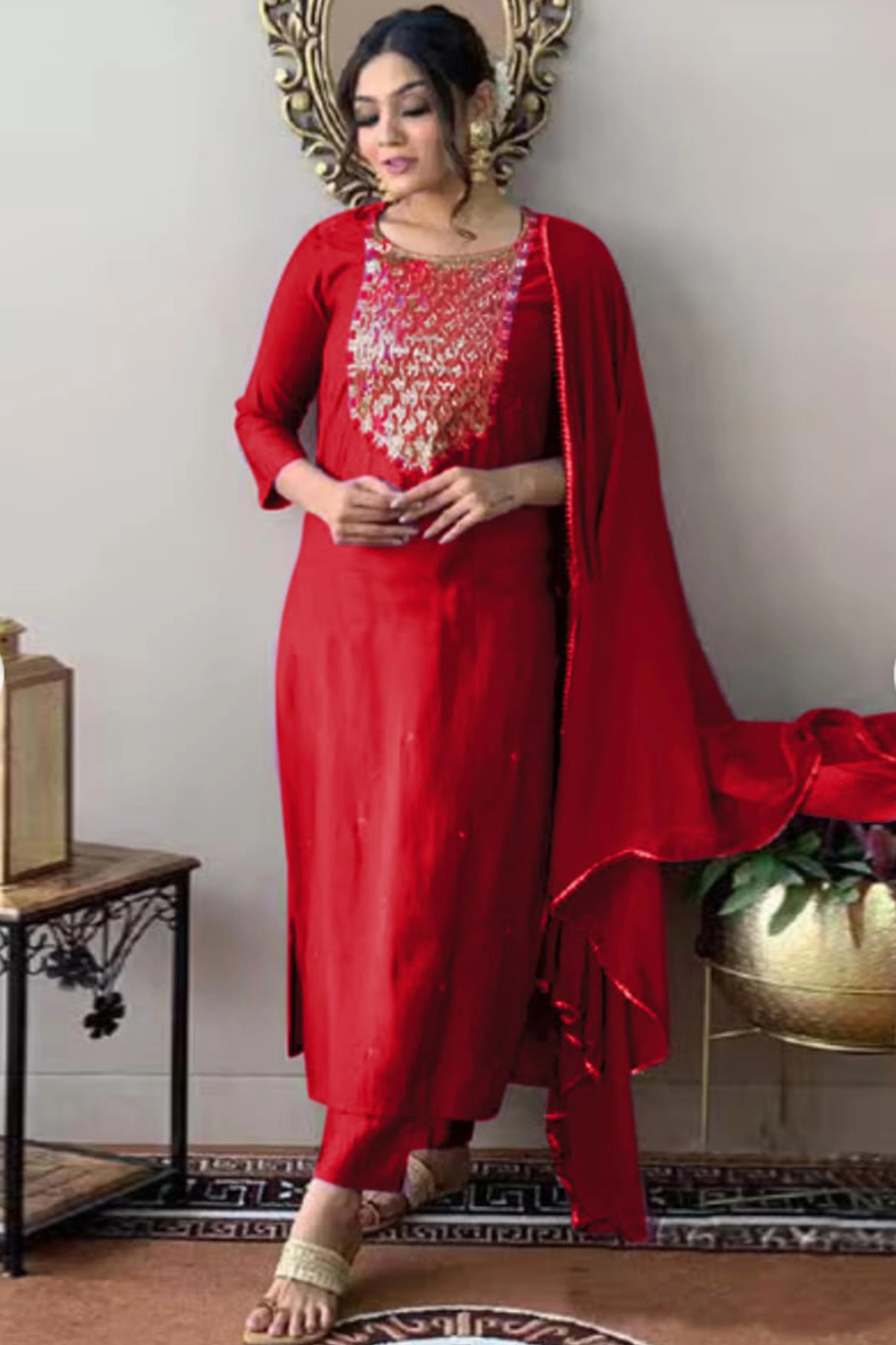Red Sequins Embroidered Rayon Salwar Suit - Image 5