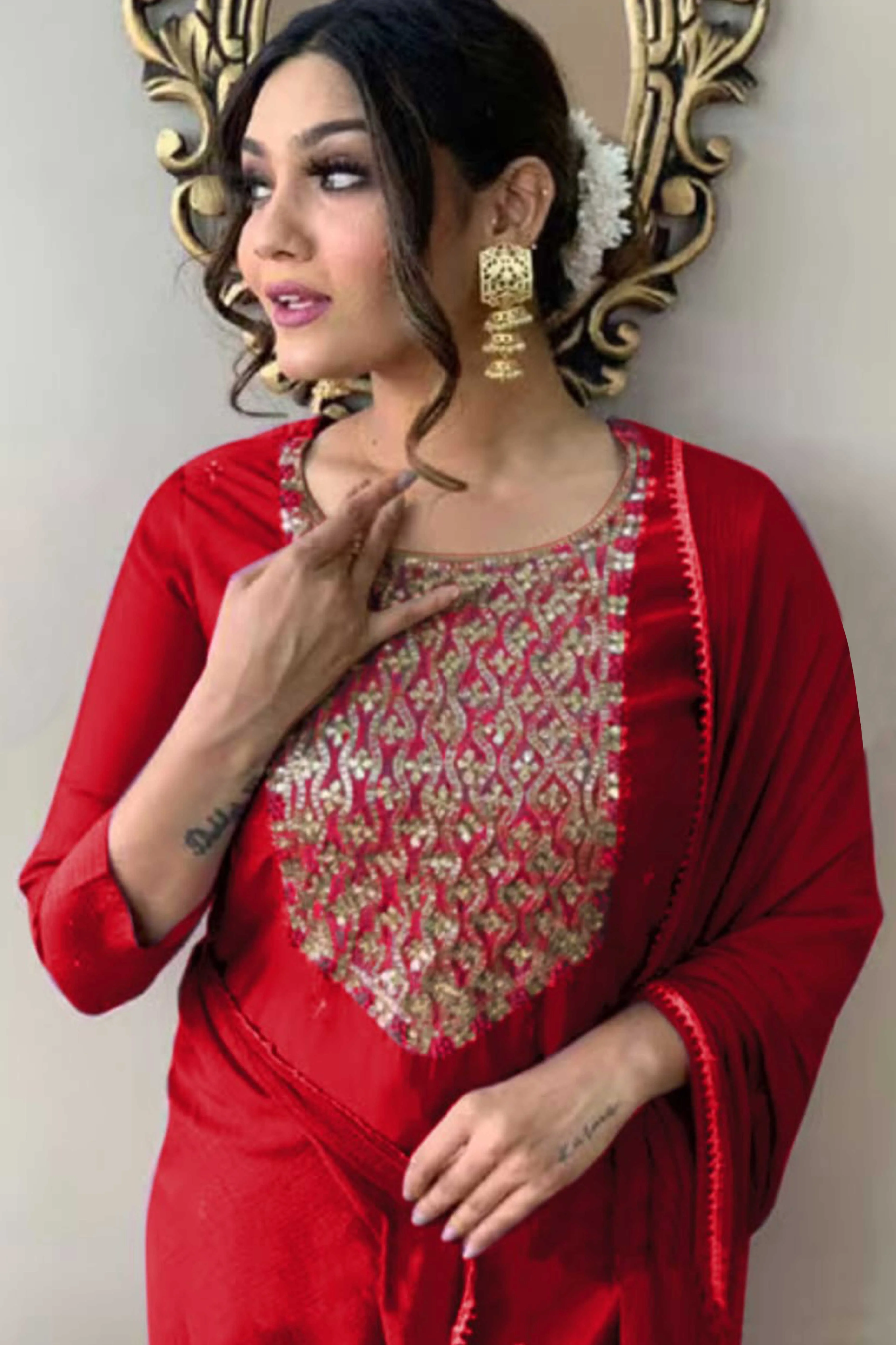 Red Sequins Embroidered Rayon Salwar Suit - Image 6