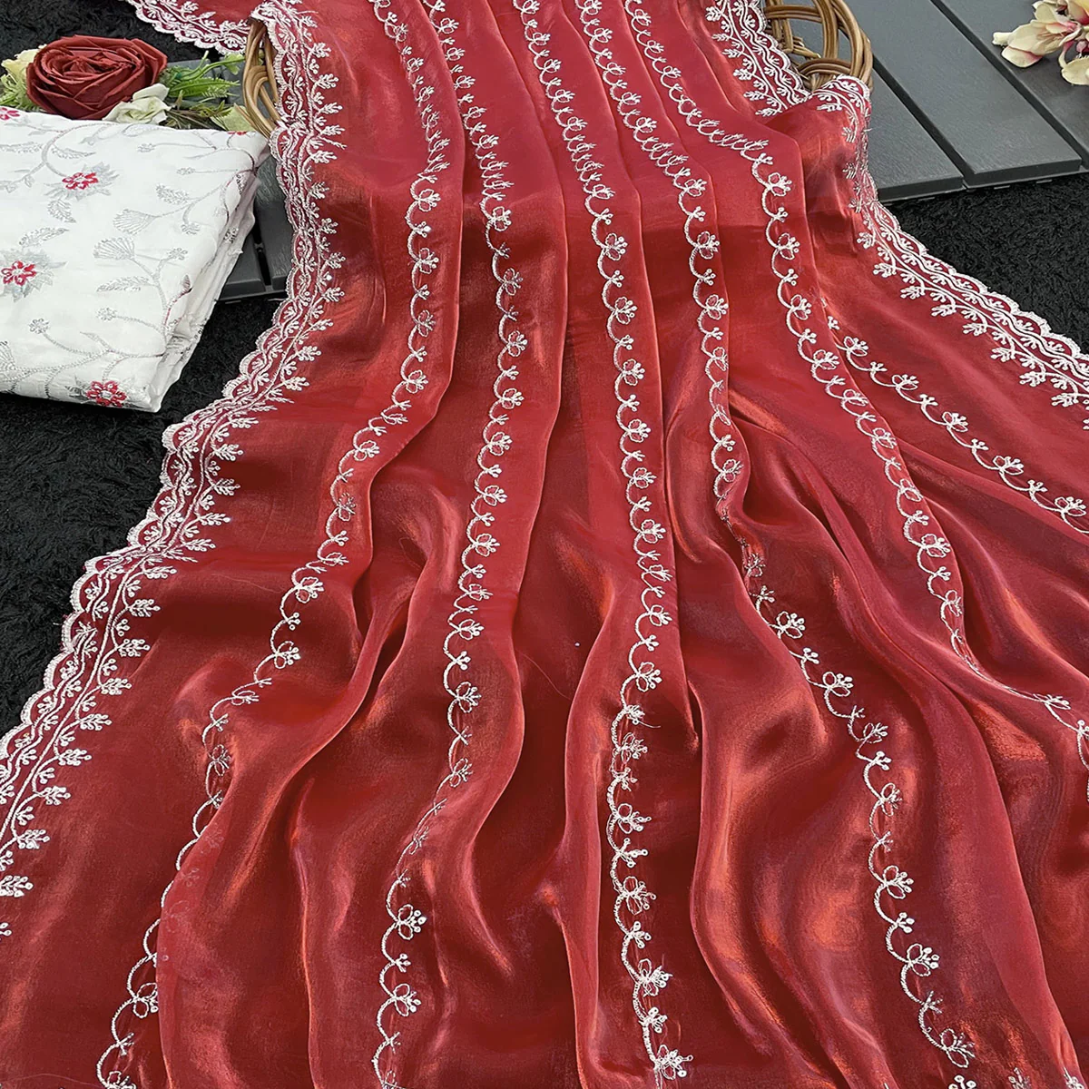 Red Sequins Embroidered Satin Saree - Image 2