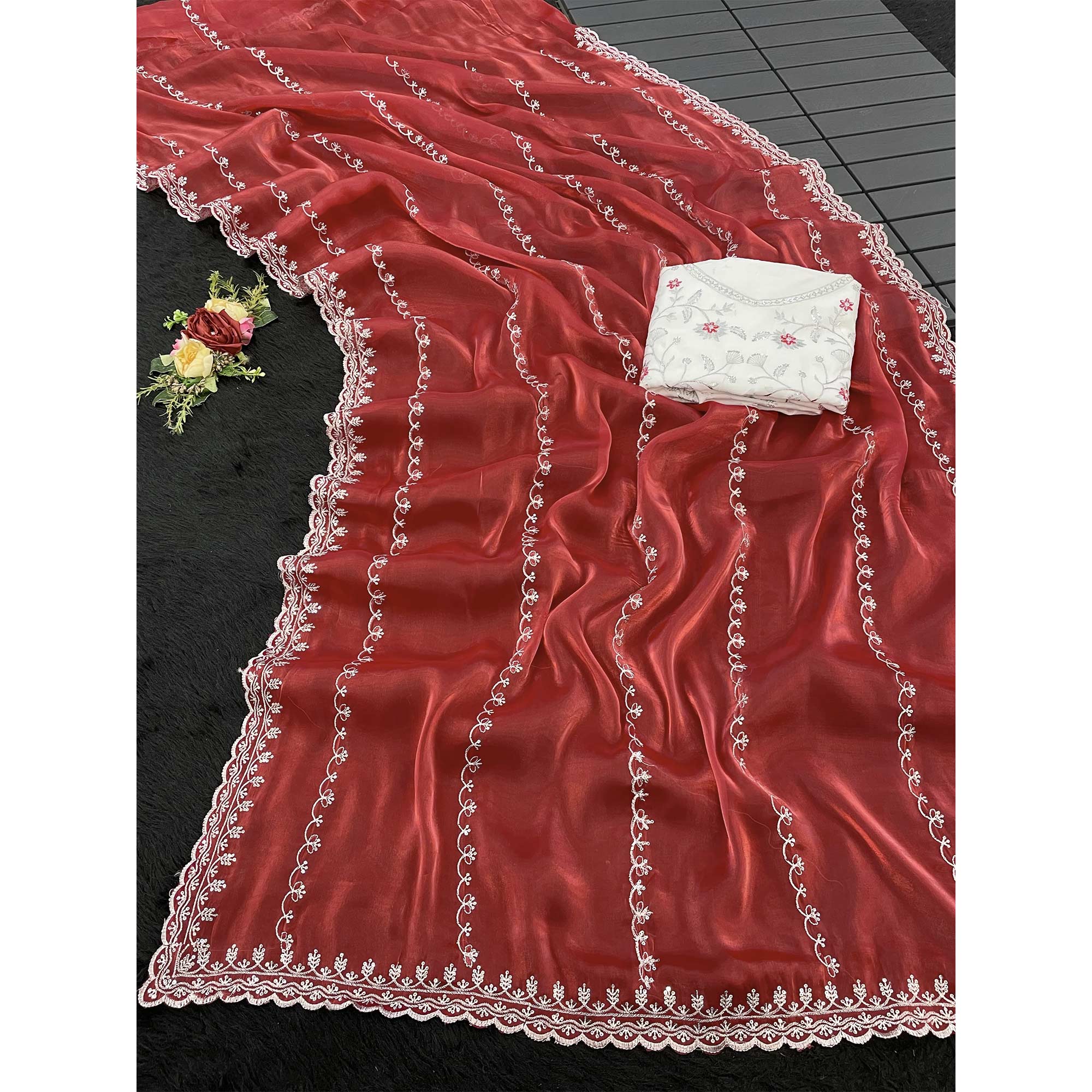Red Sequins Embroidered Satin Saree - Image 3