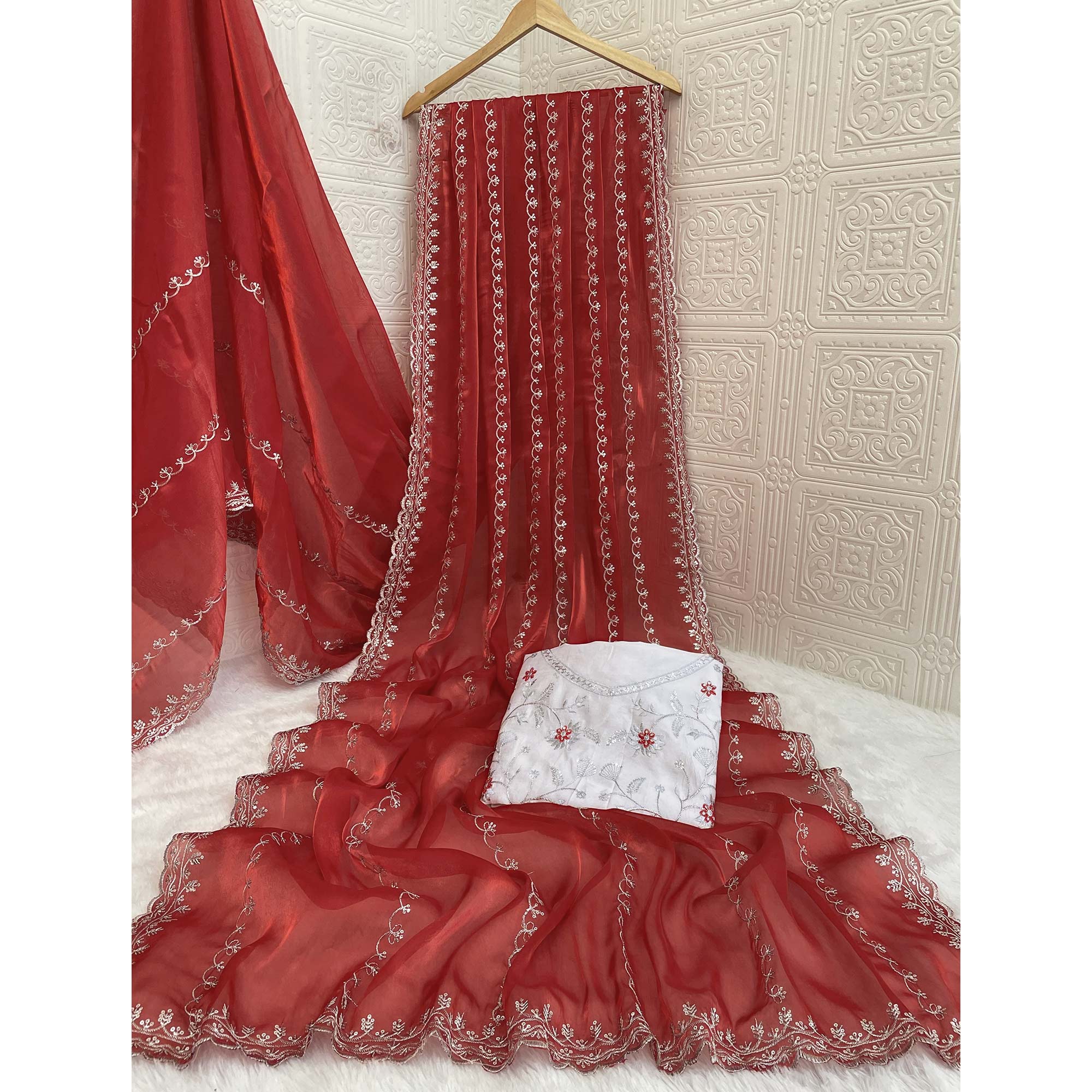 Red Sequins Embroidered Satin Saree - Image 4