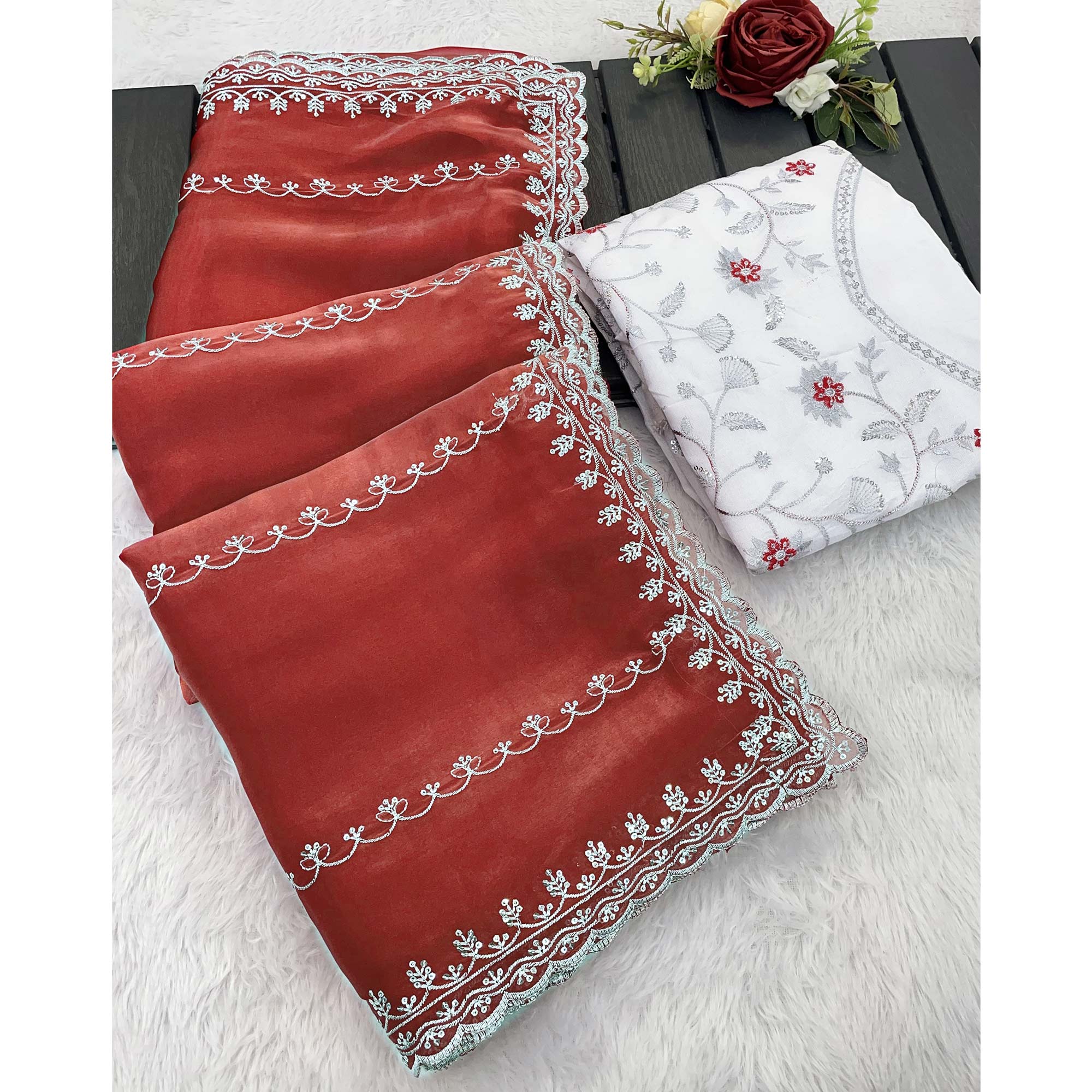 Red Sequins Embroidered Satin Saree - Image 5