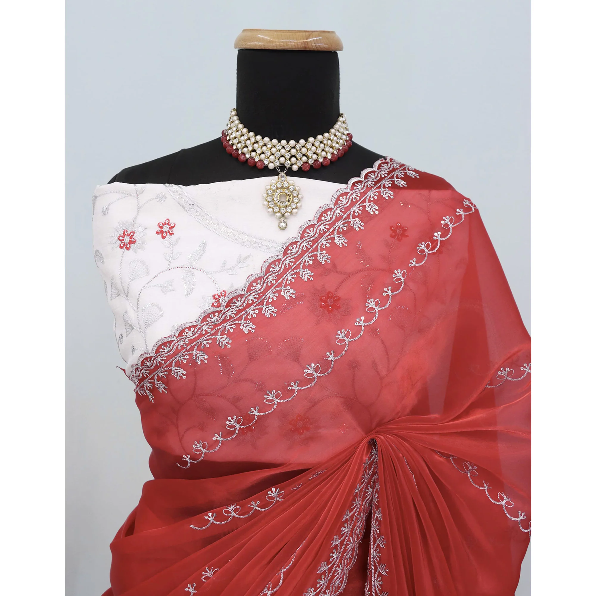 Red Sequins Embroidered Satin Saree - Image 7