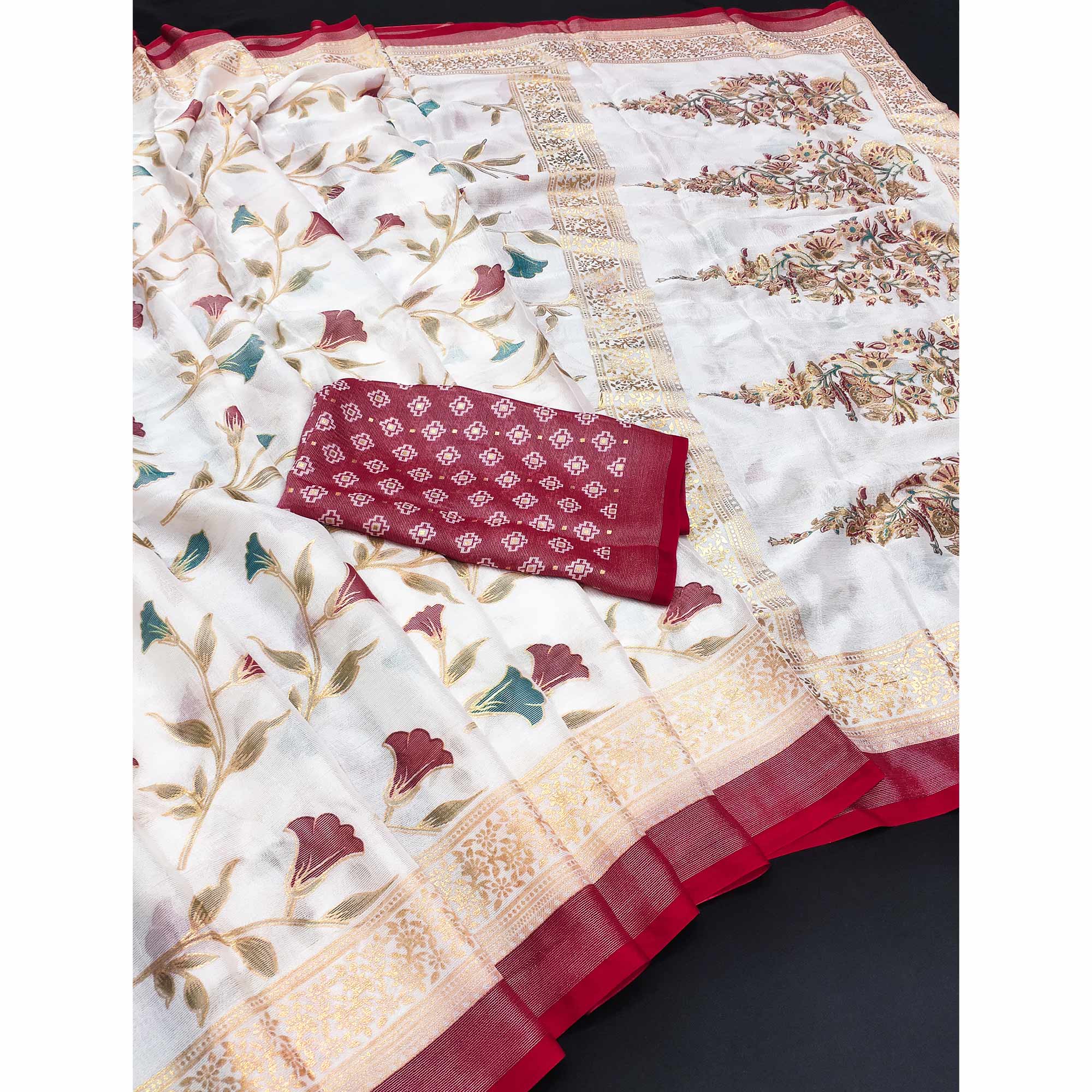 Red Sheer Brasso Saree Embellished with Floral Foil Print - Image 3