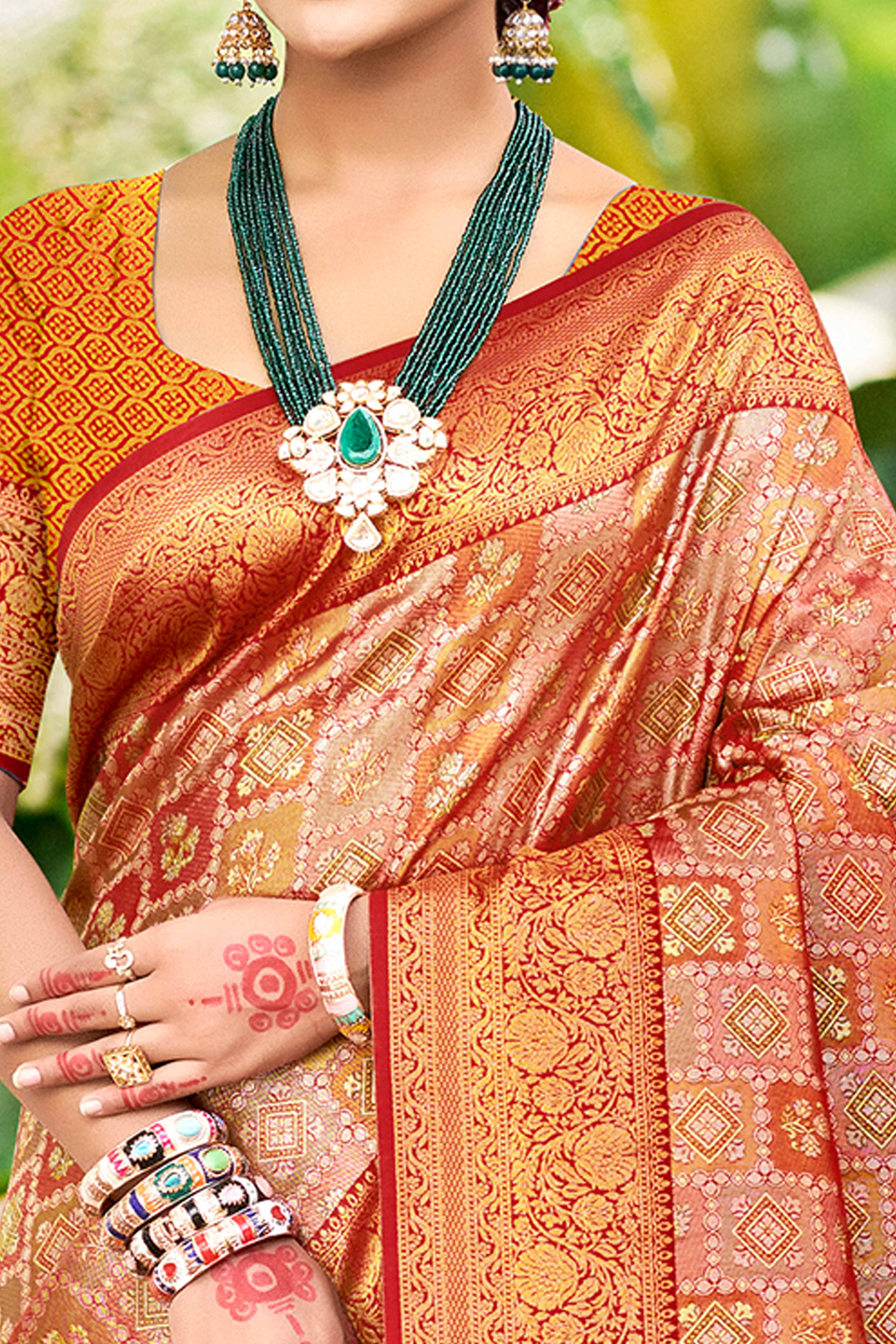 Red Silk Blend Dharmavaram Saree Featuring Ornate Floral Weaves & Tassels Pallu - Image 2