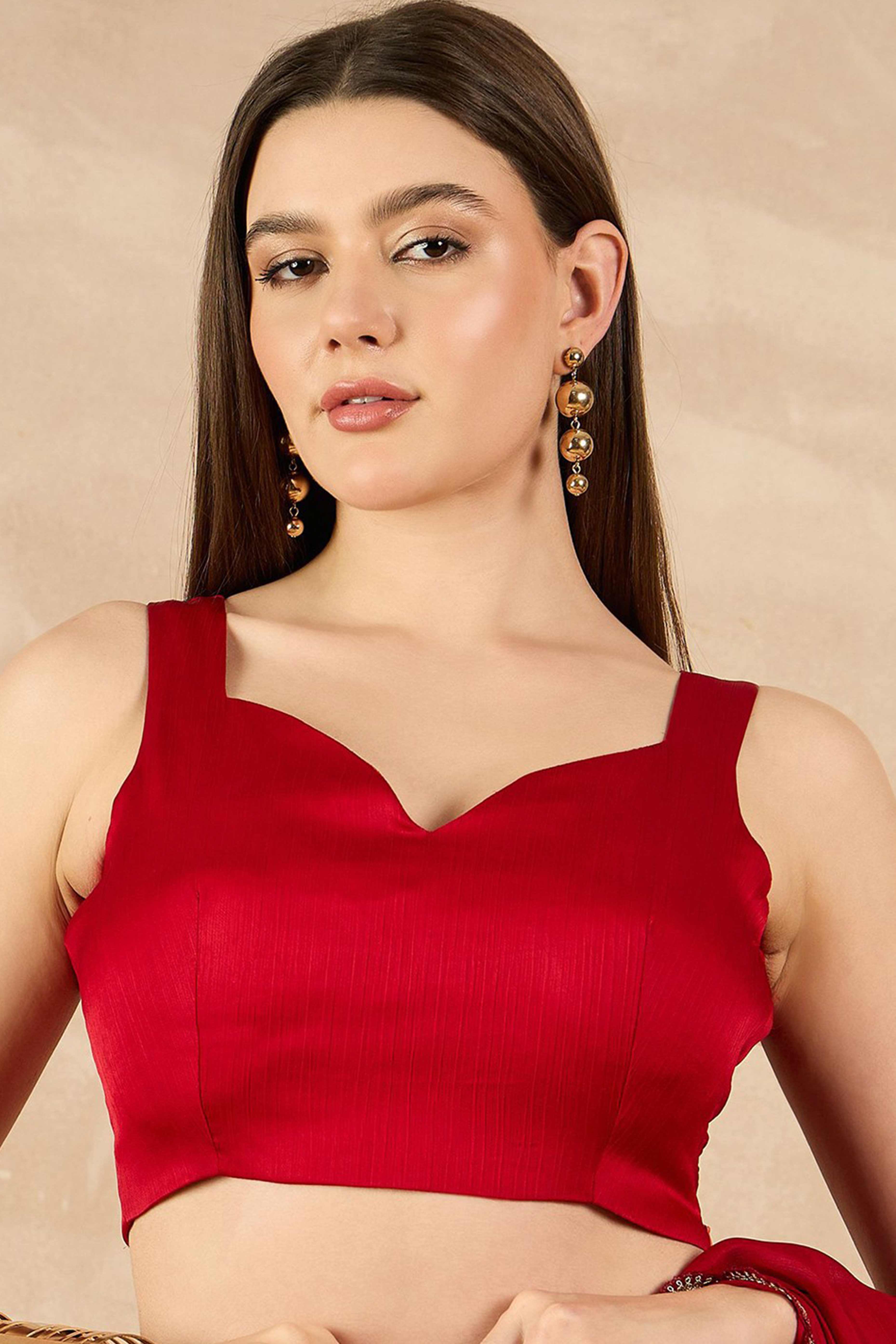 Red Solid Chiffon Saree With Sequins Embroidered Border - Image 7