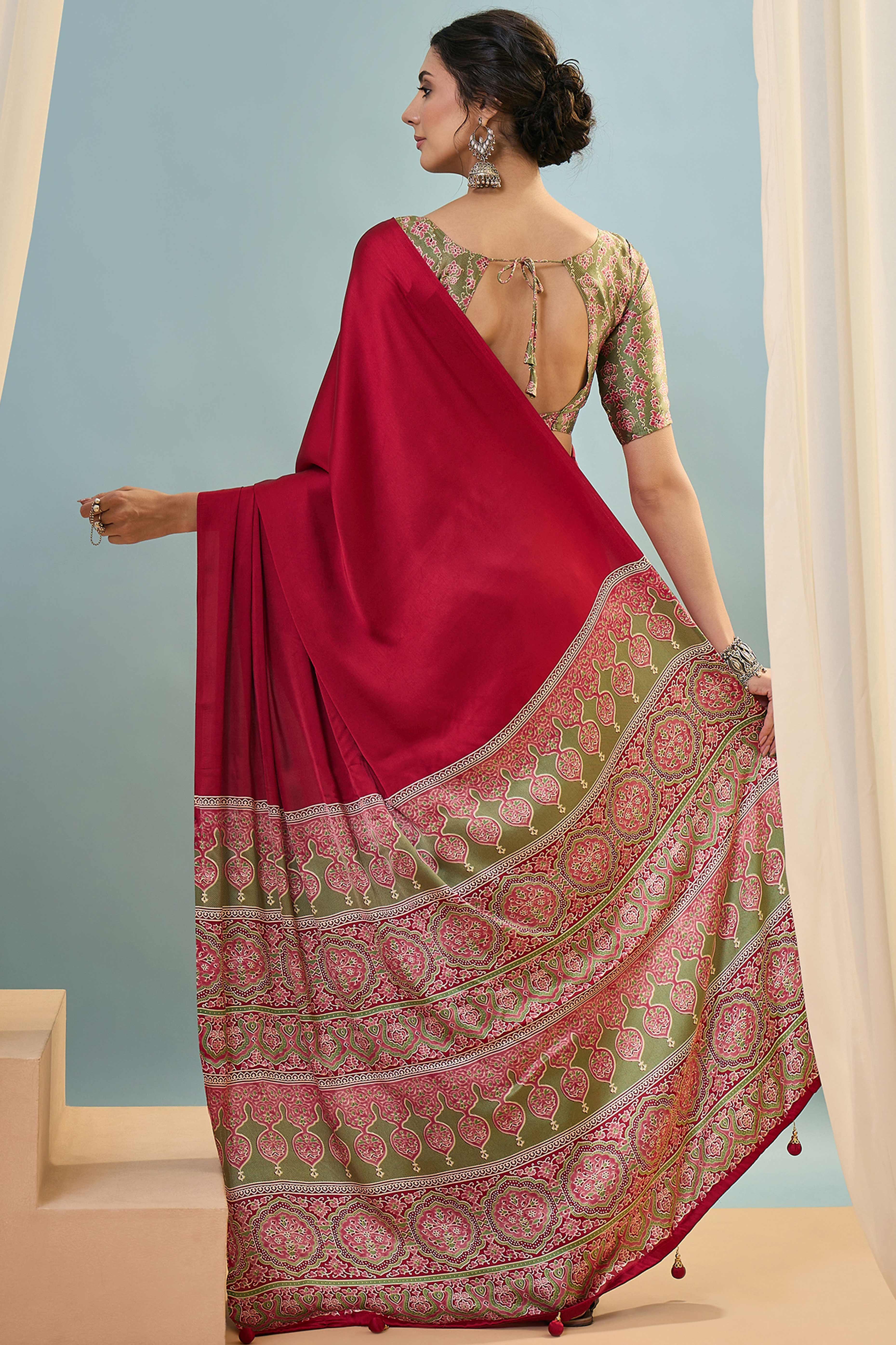 Red Solid Modal Satin Saree Highlighted With Classic Ajrakh Pallu Design - Image 2