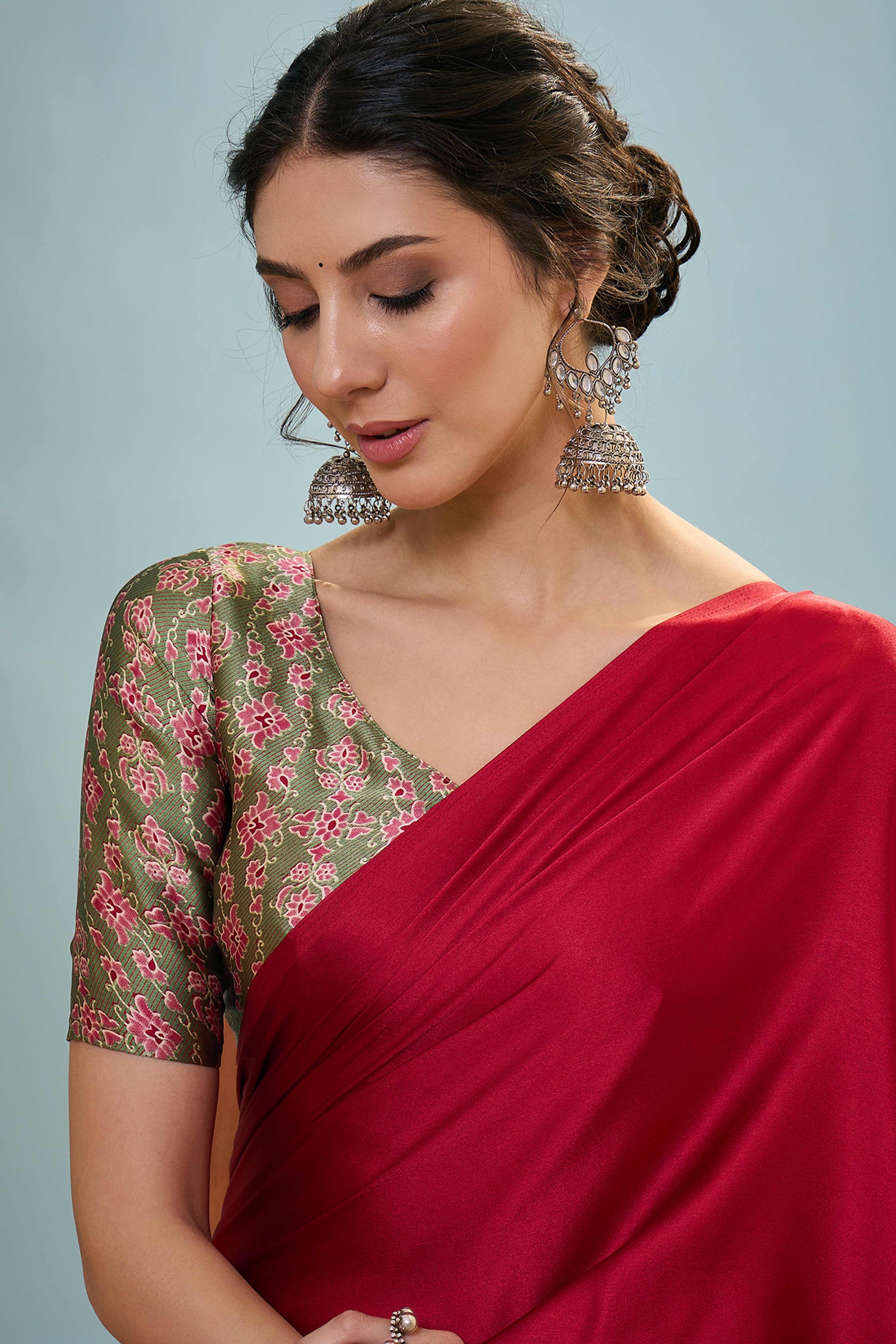 Red Solid Modal Satin Saree Highlighted With Classic Ajrakh Pallu Design - Image 3