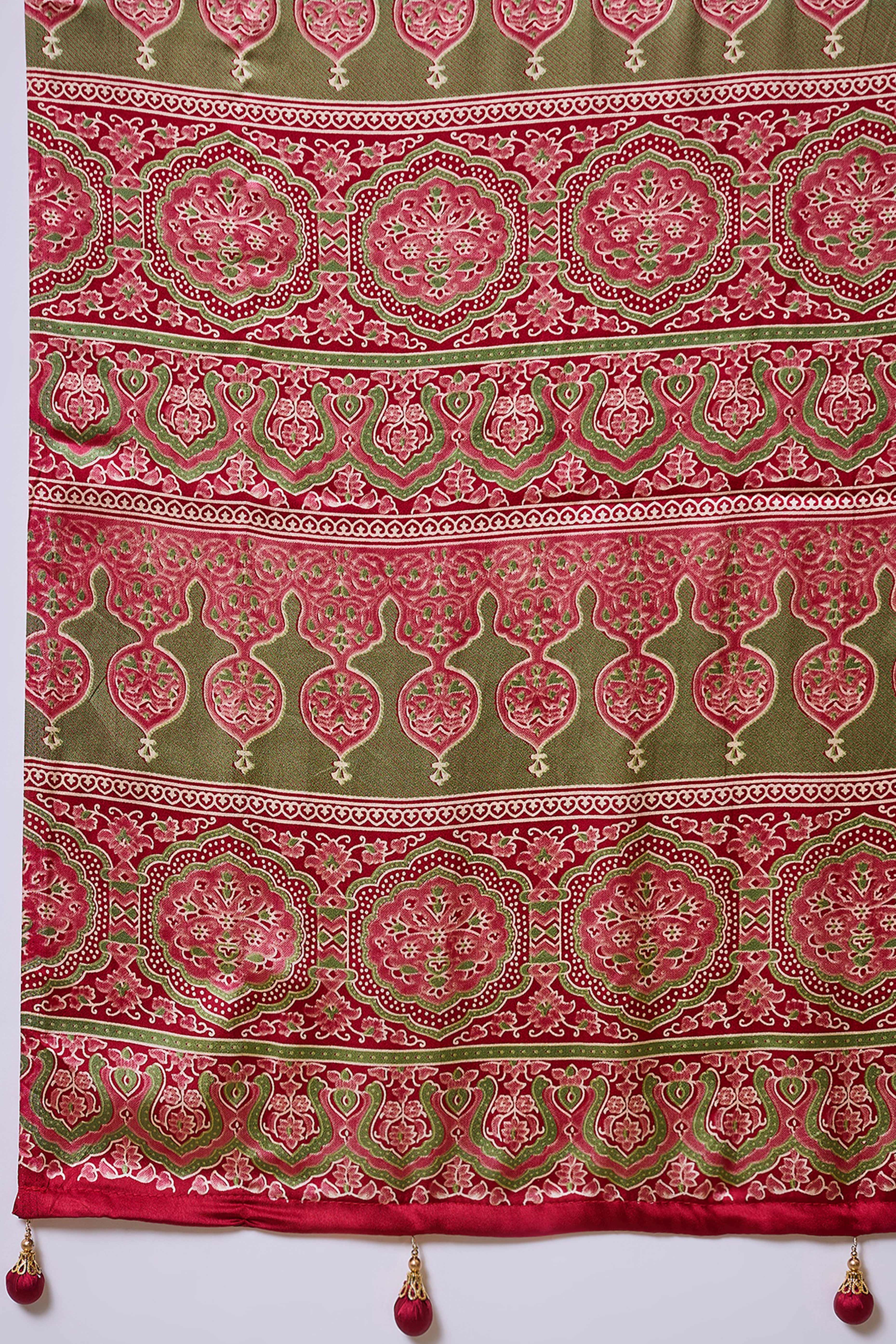Red Solid Modal Satin Saree Highlighted With Classic Ajrakh Pallu Design - Image 4