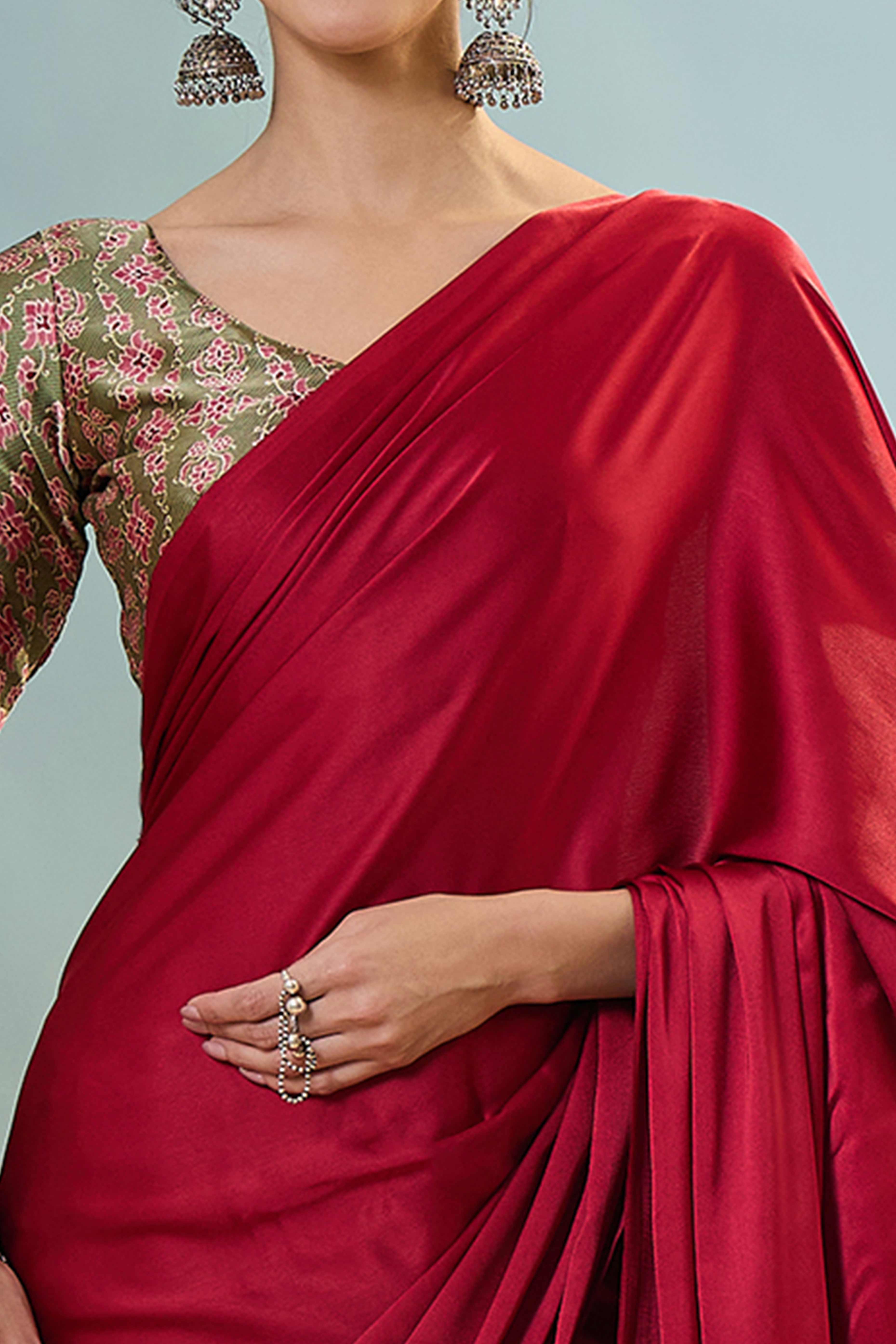 Red Solid Modal Satin Saree Highlighted With Classic Ajrakh Pallu Design - Image 5