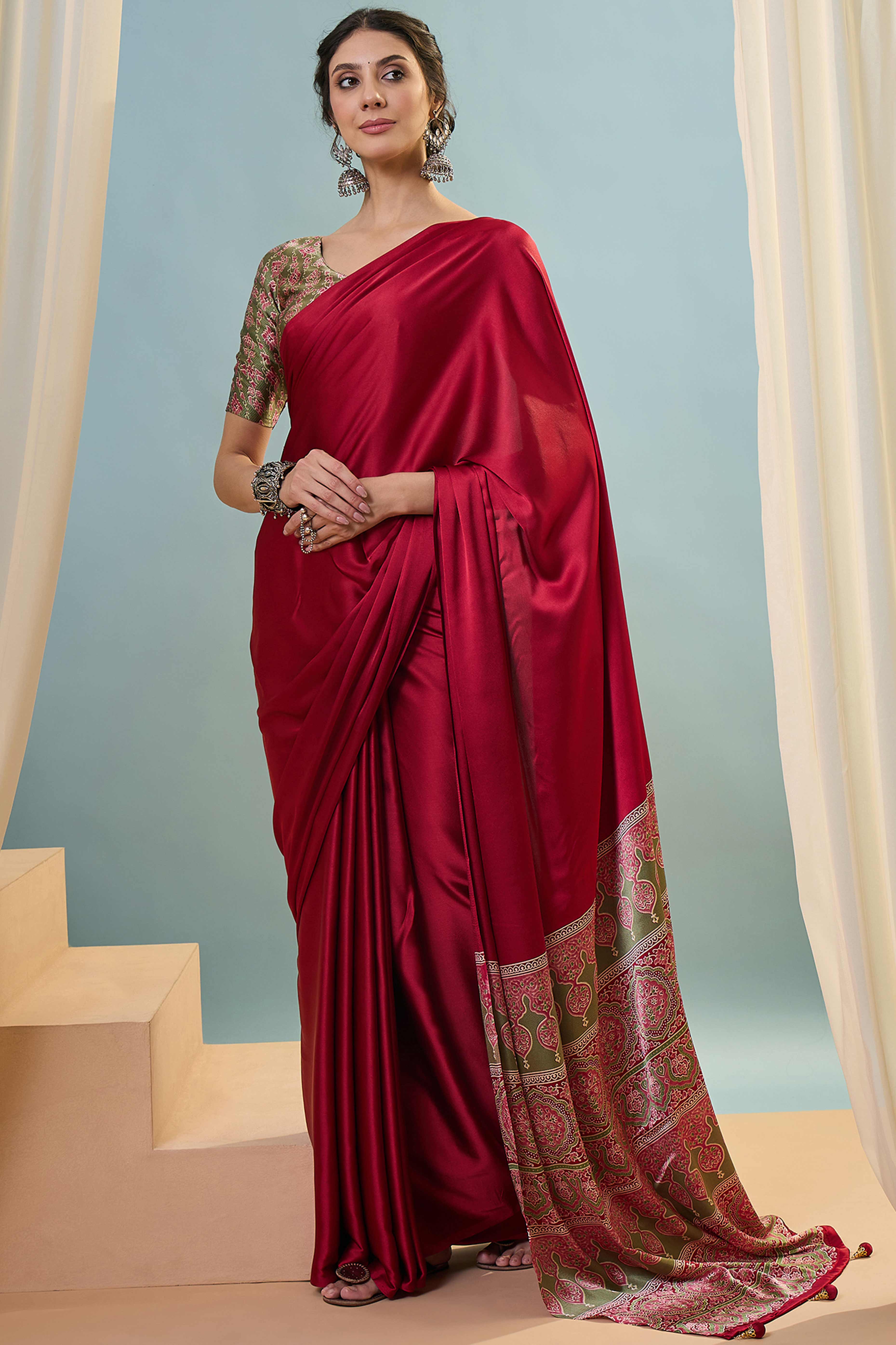 Red Solid Modal Satin Saree Highlighted With Classic Ajrakh Pallu Design - Image 6