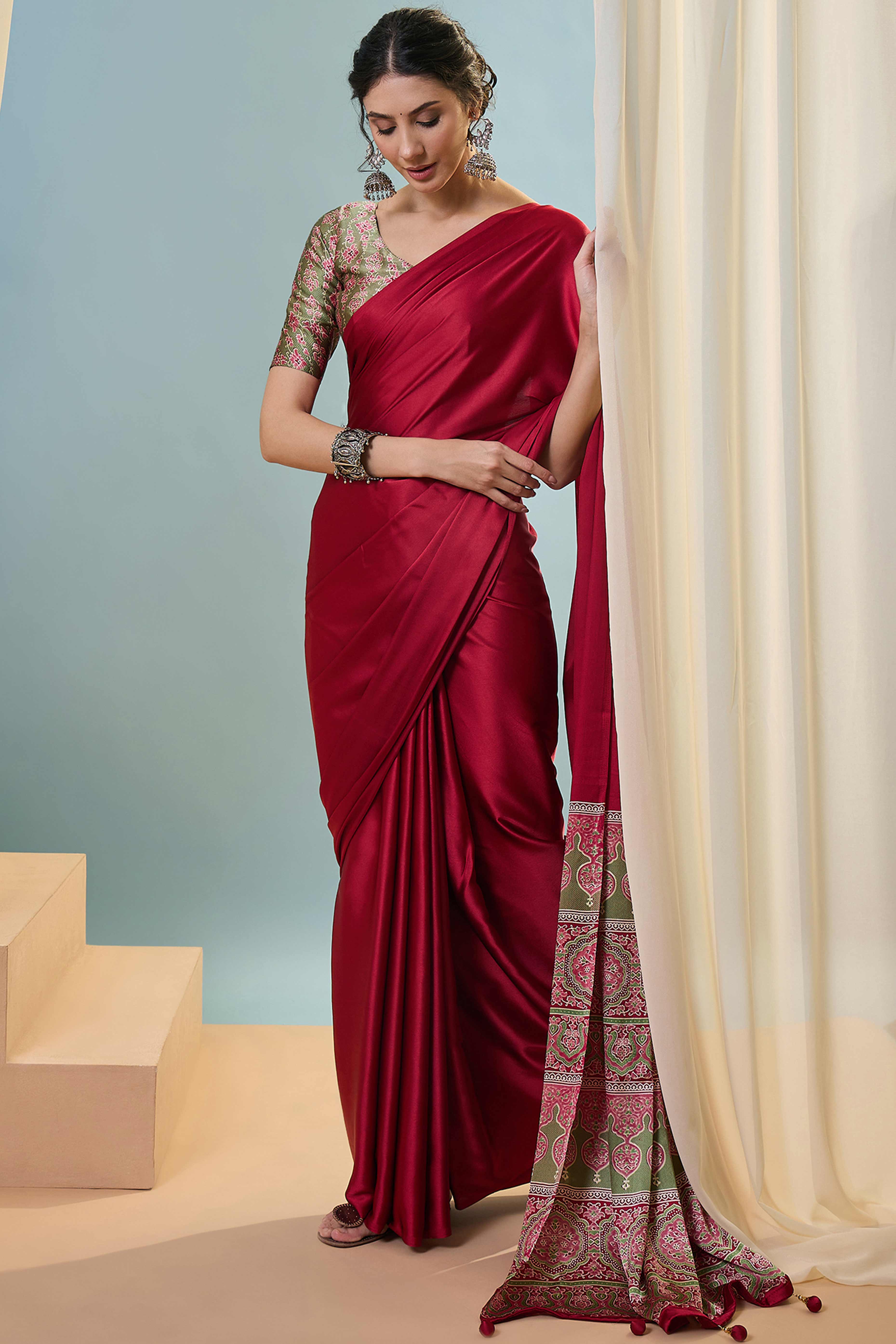 Red Solid Modal Satin Saree Highlighted With Classic Ajrakh Pallu Design - Image 7