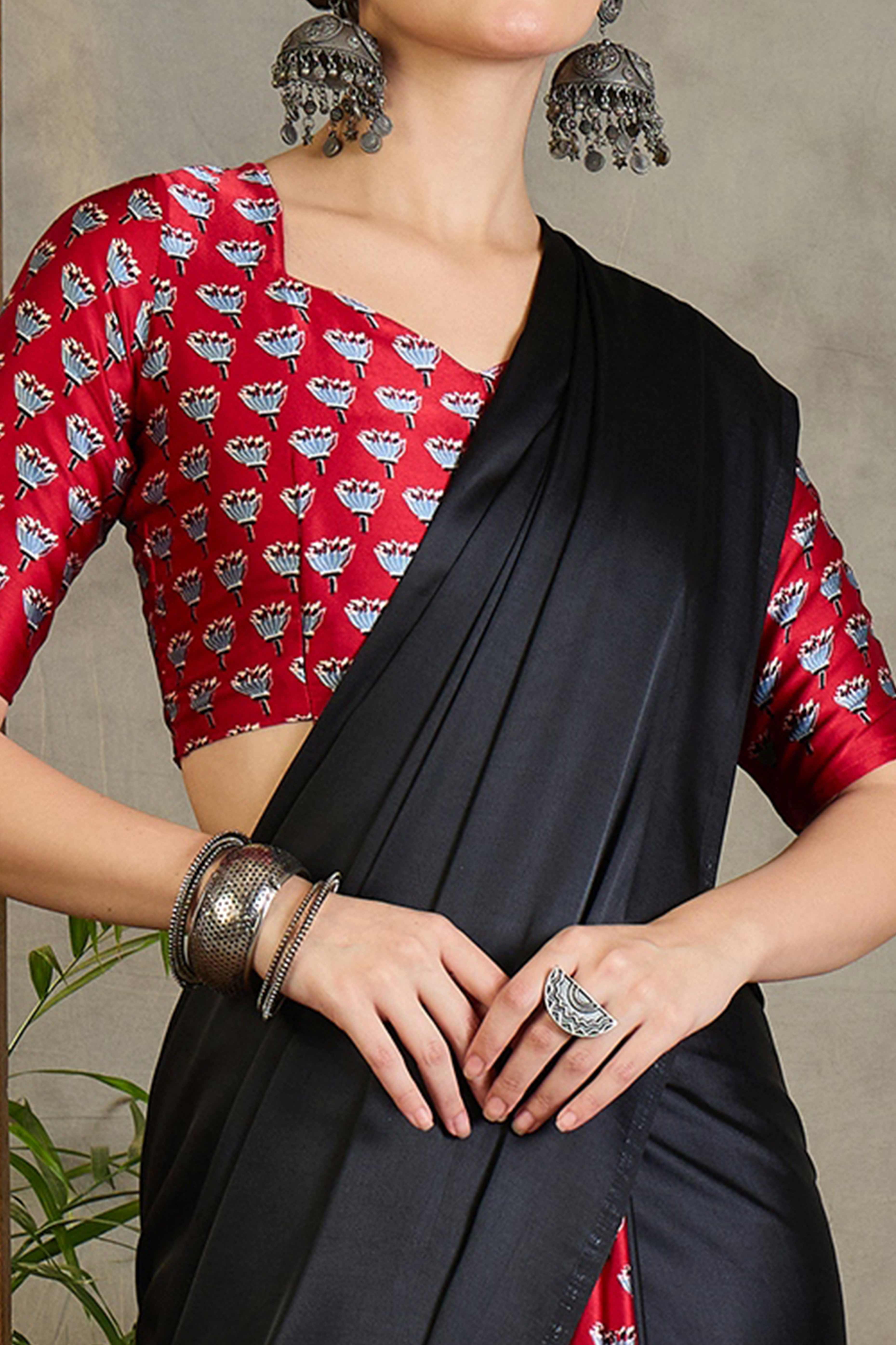 Red Solid Modal Satin Saree Highlighted with Classic Ajrakh Pallu Design - Image 2