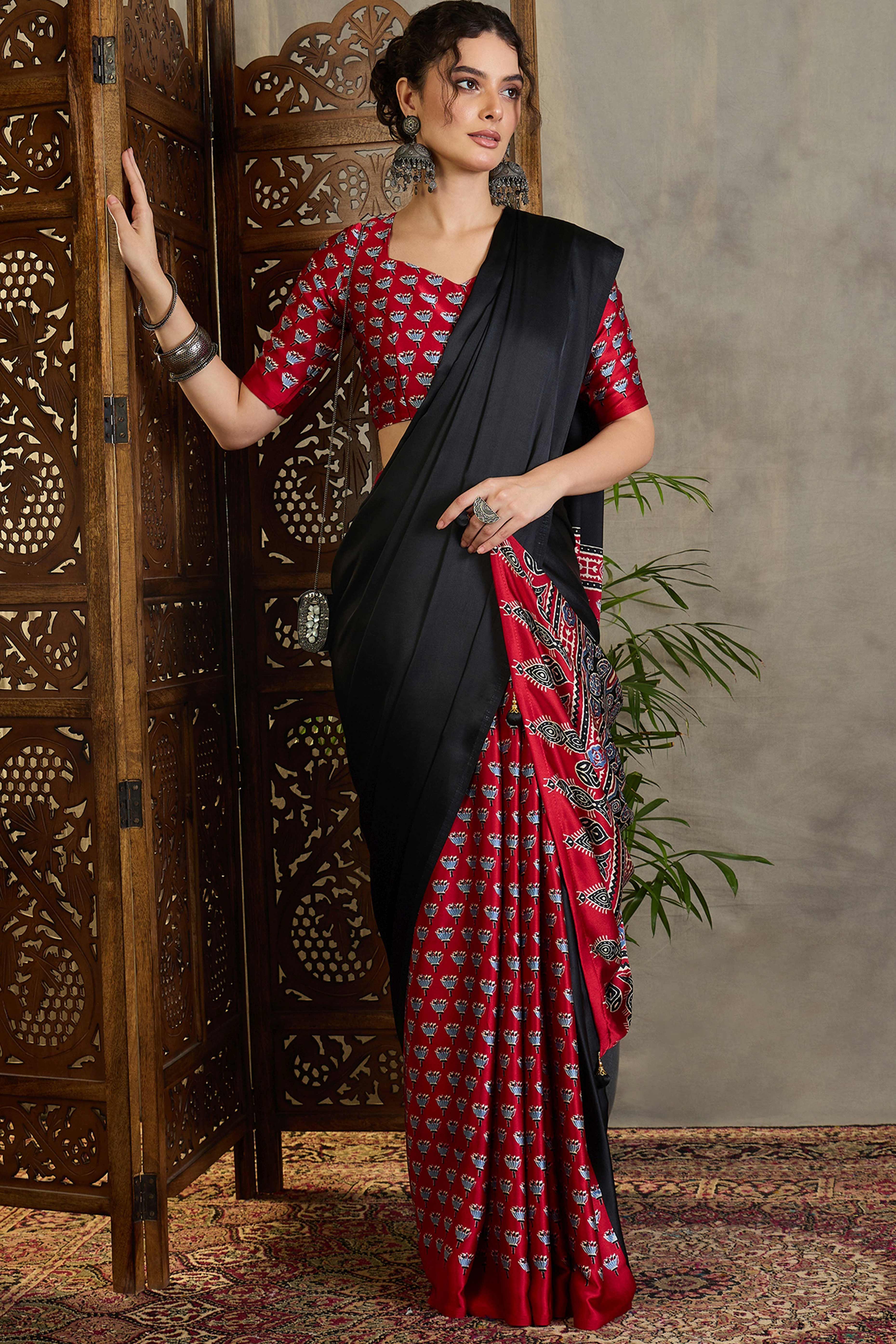 Red Solid Modal Satin Saree Highlighted with Classic Ajrakh Pallu Design - Image 3