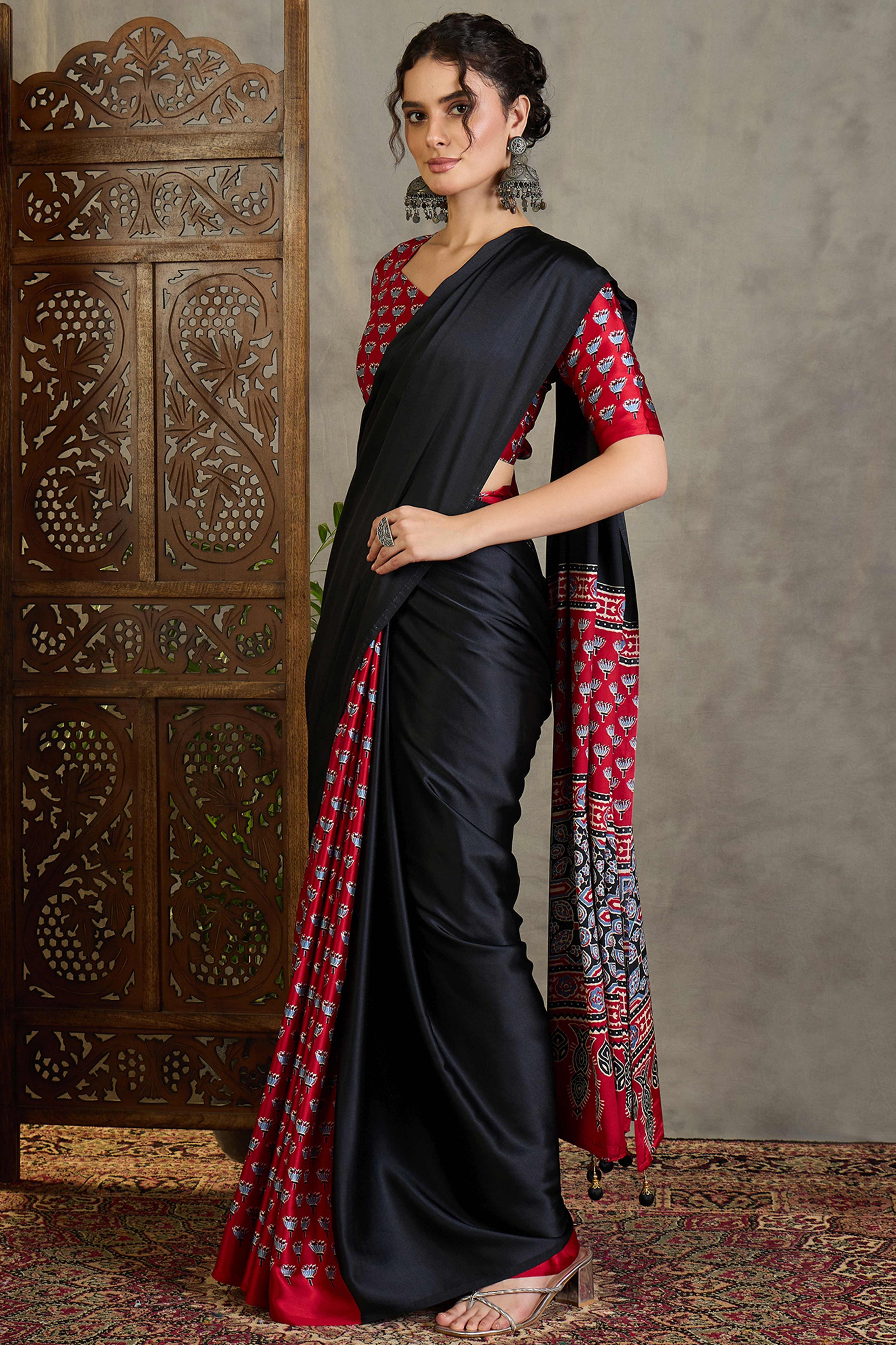 Red Solid Modal Satin Saree Highlighted with Classic Ajrakh Pallu Design - Image 4