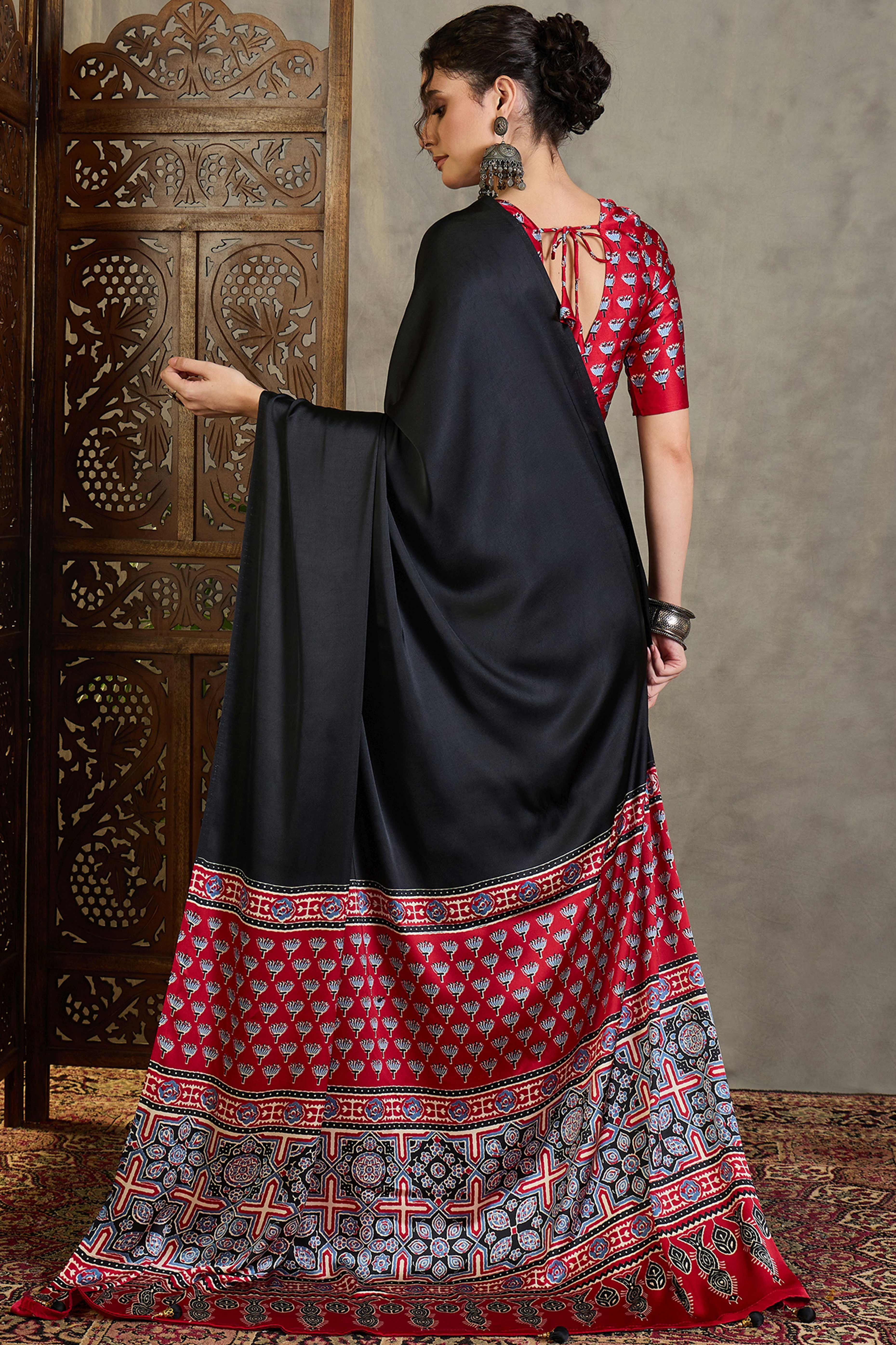 Red Solid Modal Satin Saree Highlighted with Classic Ajrakh Pallu Design - Image 5