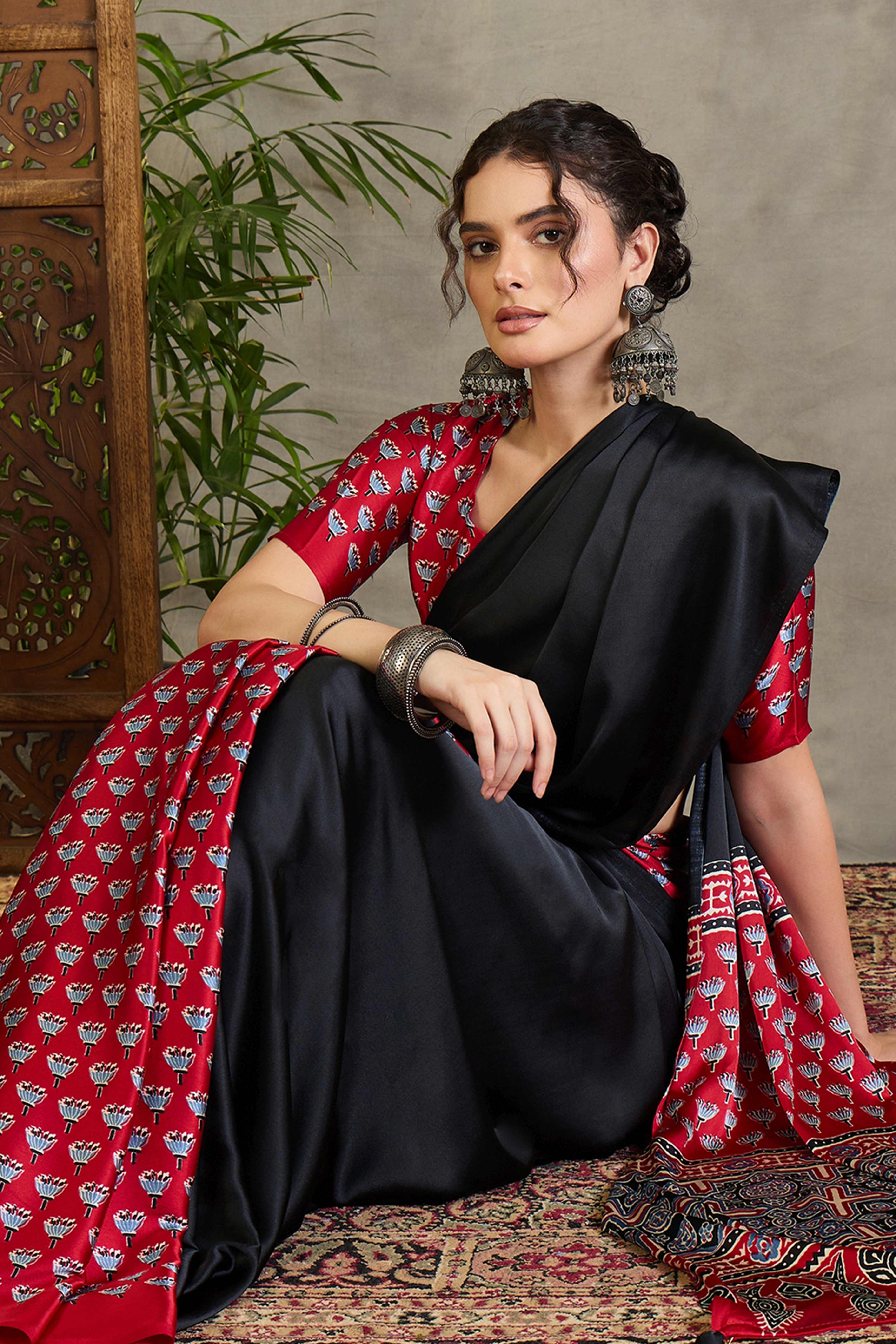 Red Solid Modal Satin Saree Highlighted with Classic Ajrakh Pallu Design - Image 6