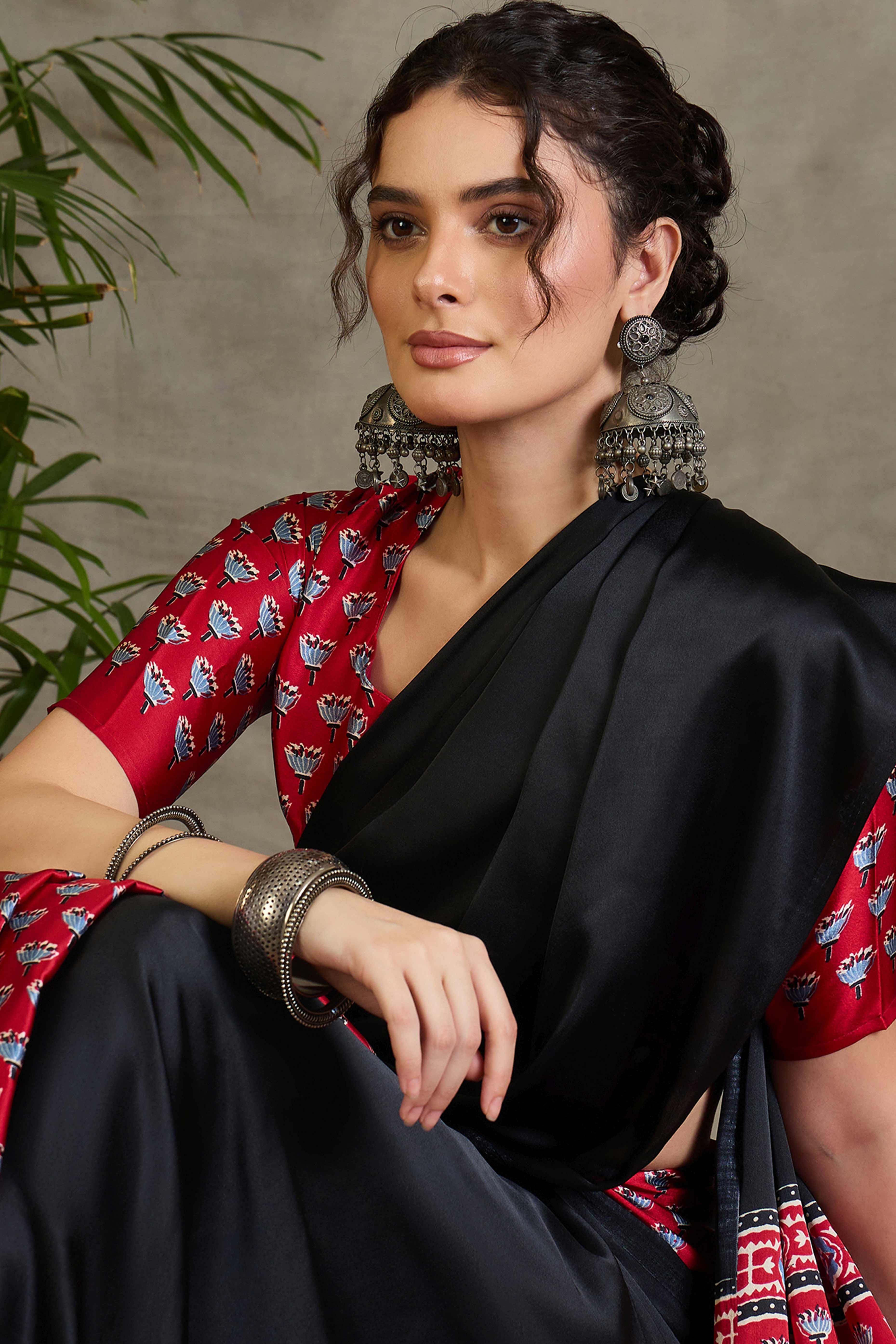 Red Solid Modal Satin Saree Highlighted with Classic Ajrakh Pallu Design - Image 7