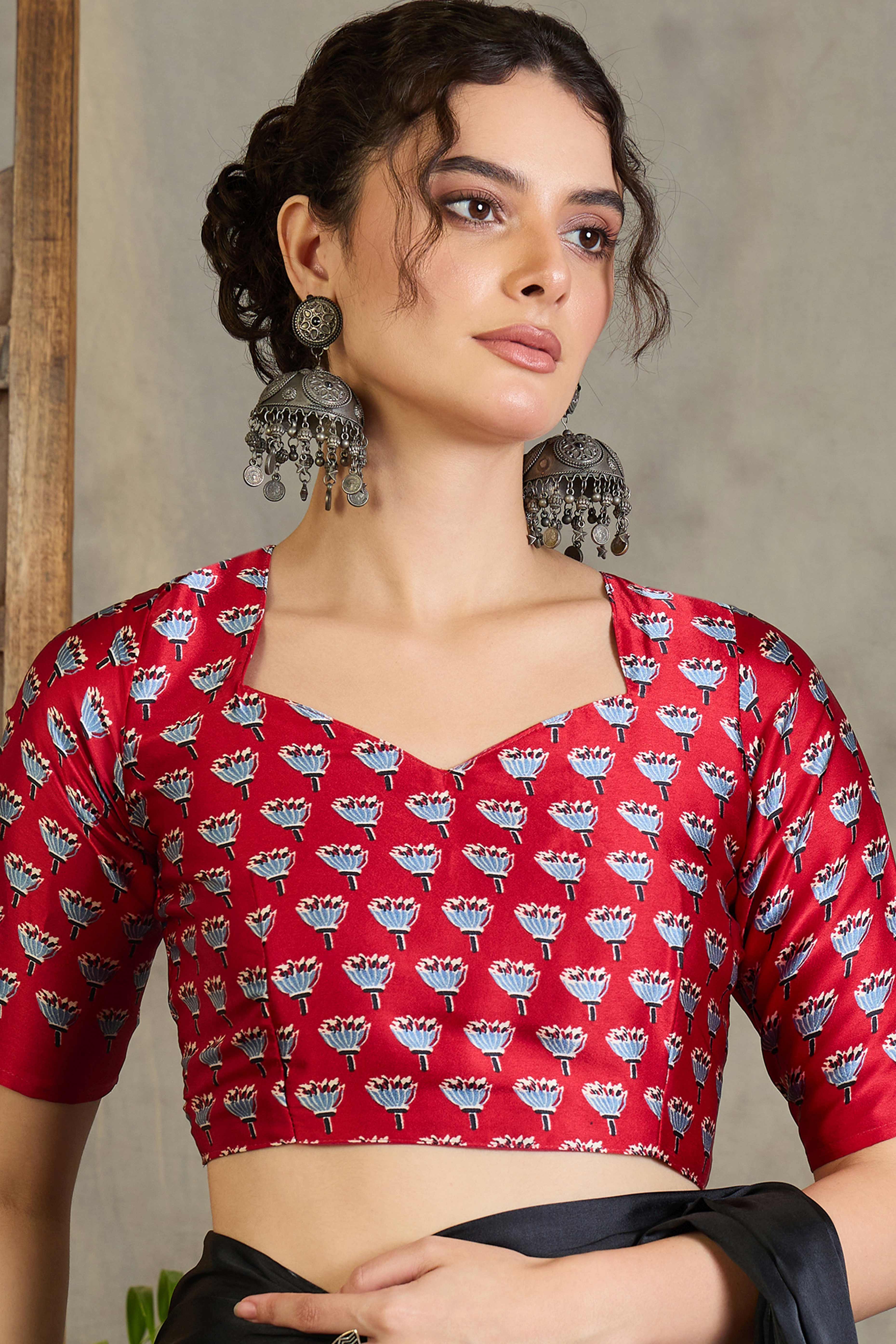 Red Solid Modal Satin Saree Highlighted with Classic Ajrakh Pallu Design - Image 8