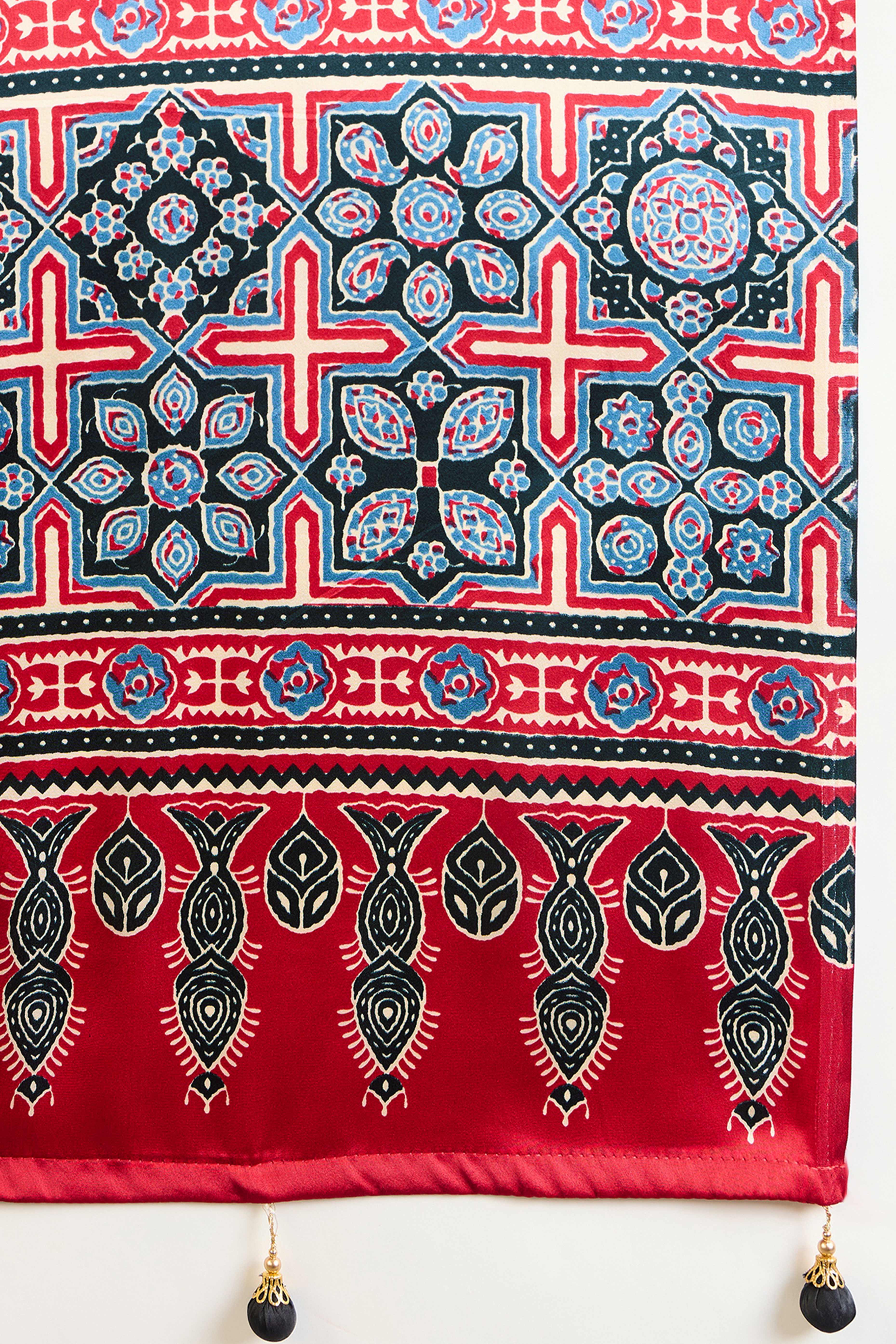 Red Solid Modal Satin Saree Highlighted with Classic Ajrakh Pallu Design - Image 9