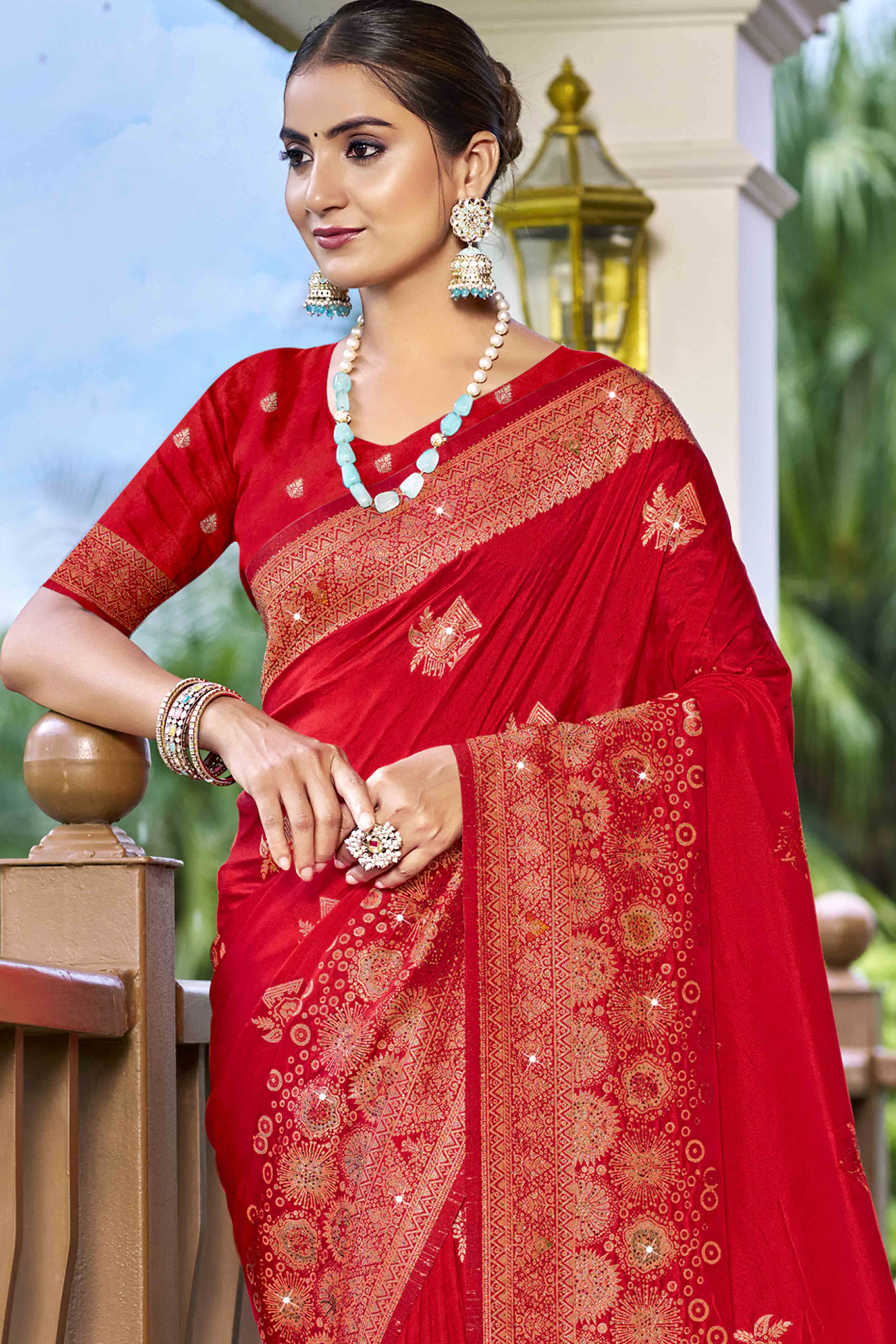 Red Stone Work Weaving Satin Silk Saree - Image 3