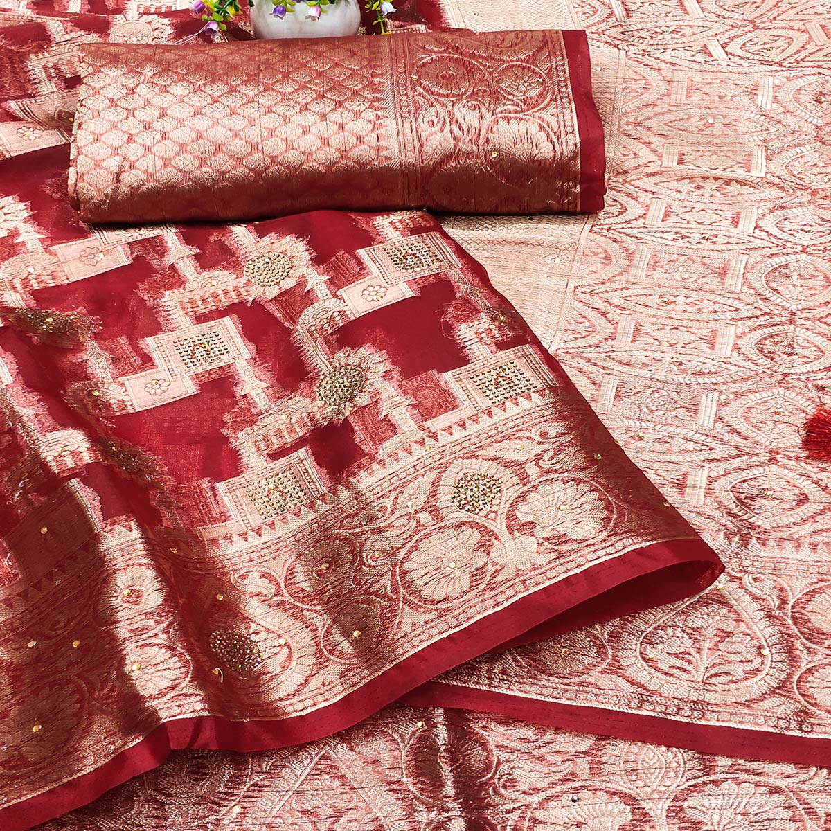 Red Stone Work Woven Organza Jacquard Saree - Image 2
