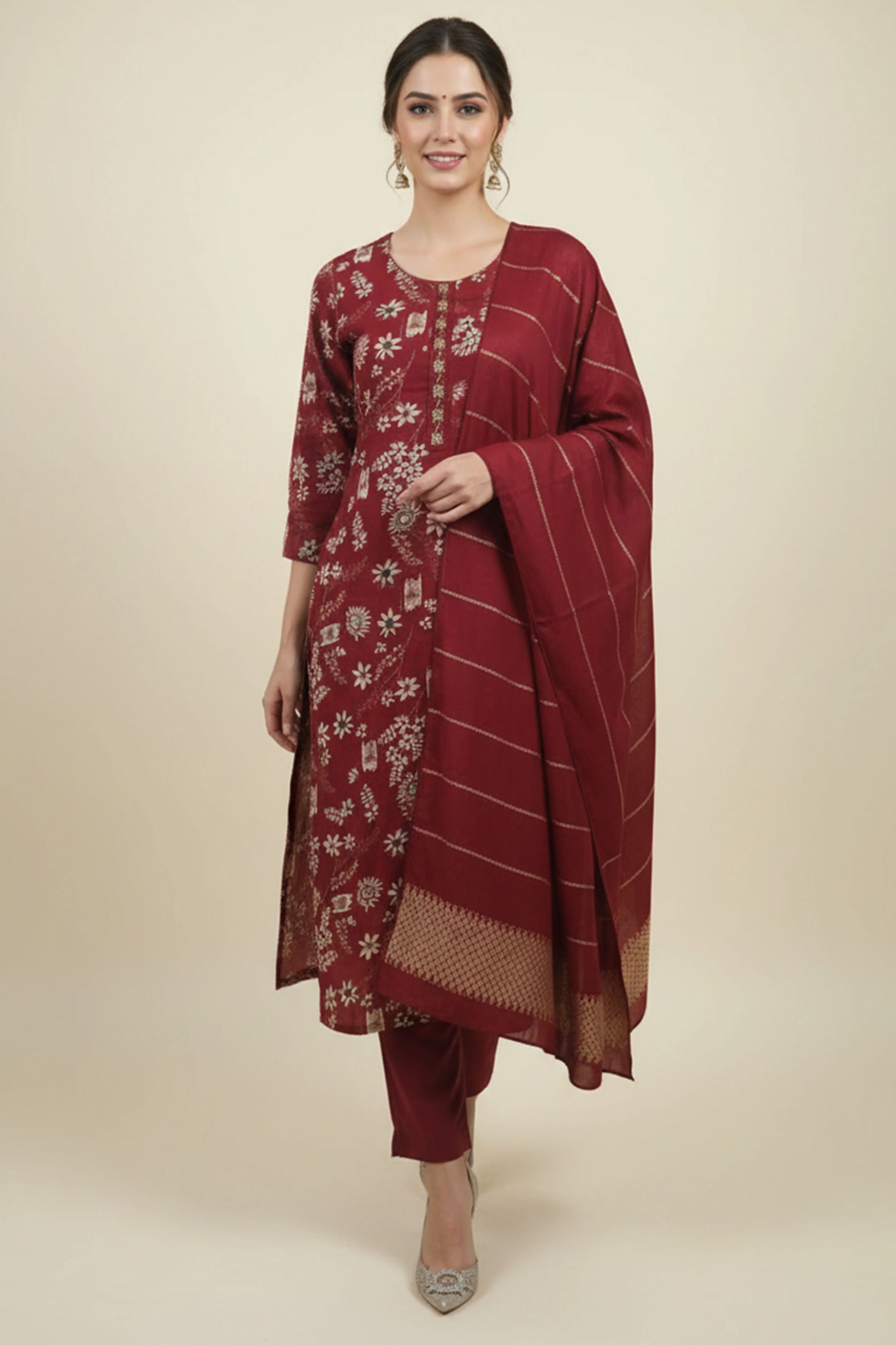 Red Straight Cut Viscose Salwar Suit with Charming Floral Patterns