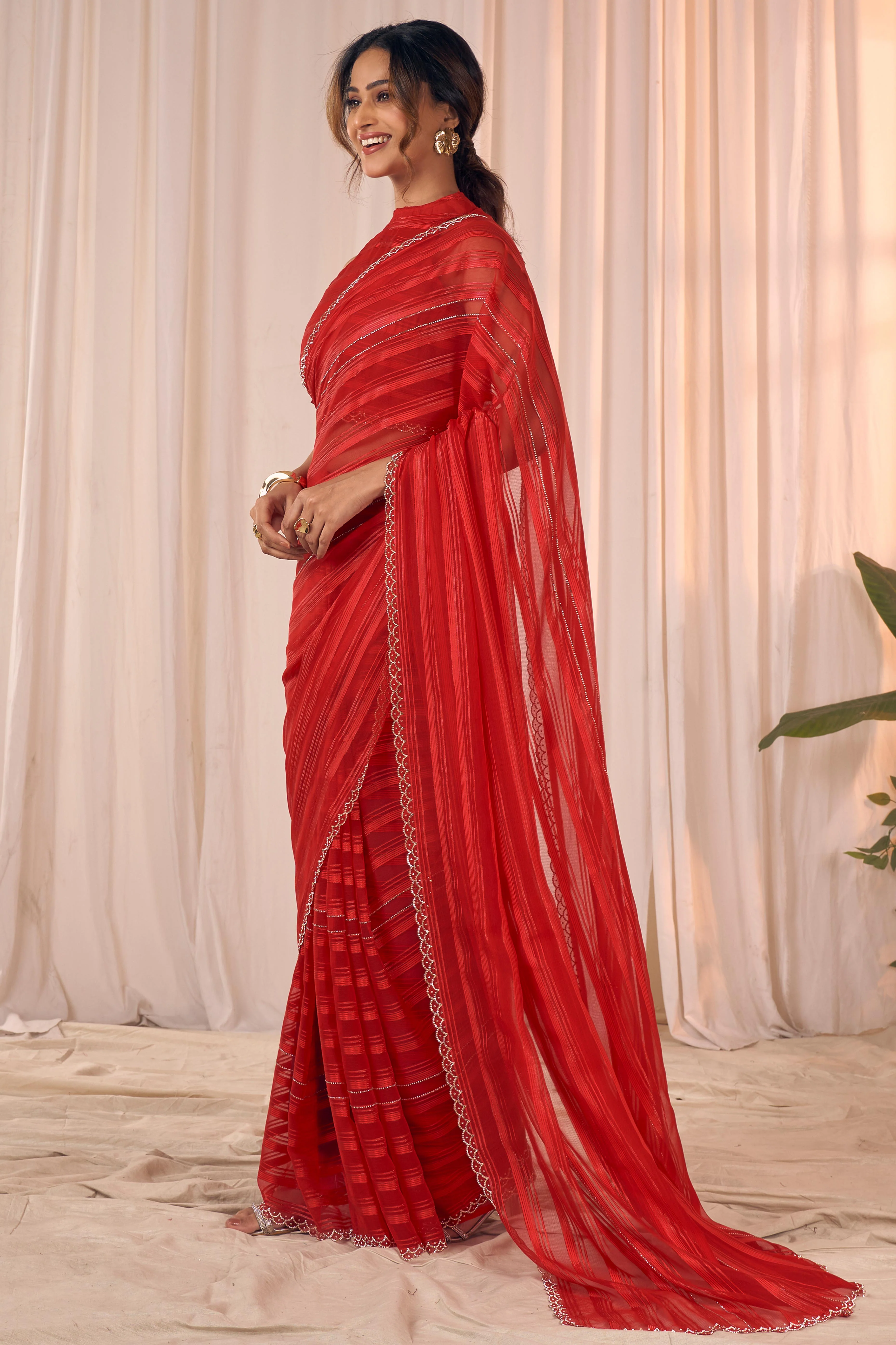 Red Striped Designer Georgette Saree Adorned With An Elegant Zarkan Cutwork Border - Image 3