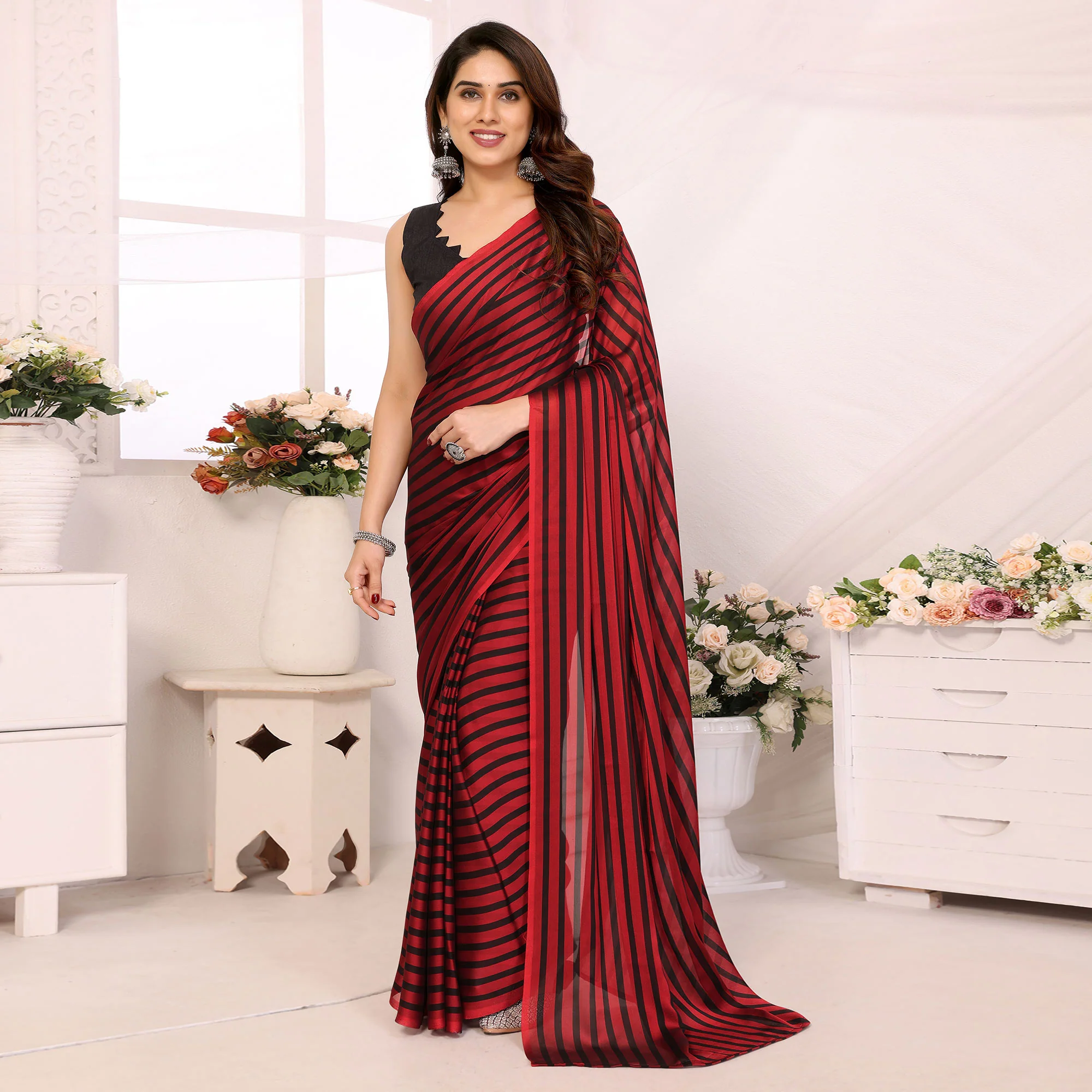 Red Striped Printed Georgette Ready To Wear Saree - Image 2