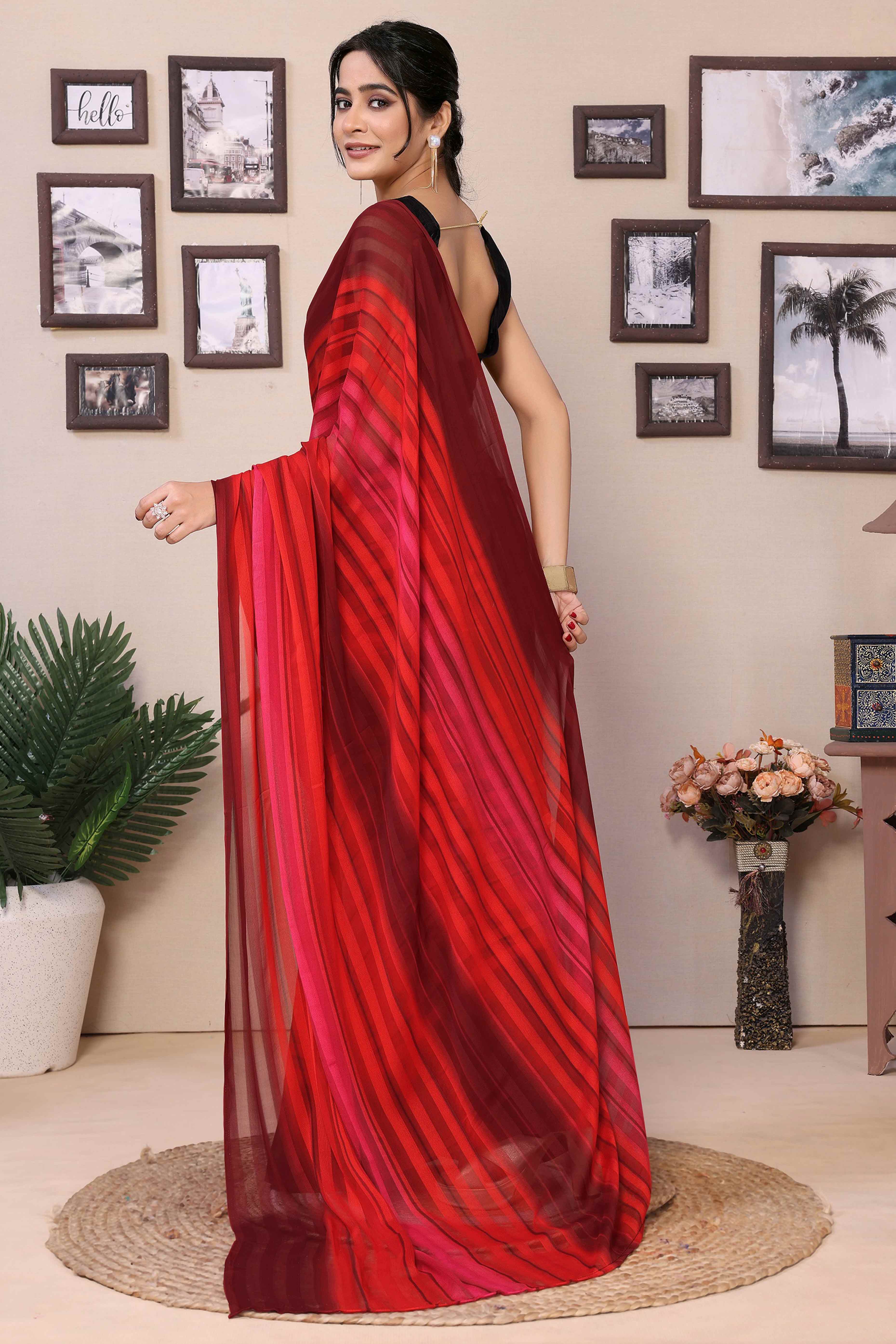 Red Striped Printed Georgette Satin Patta Ready To Wear Saree - Image 3