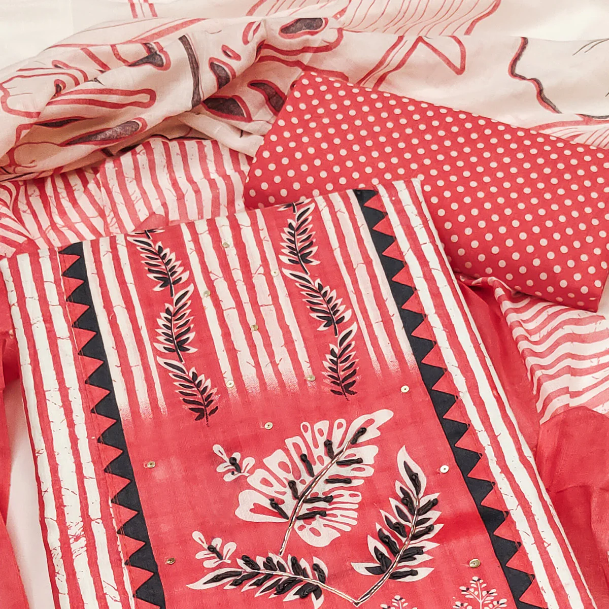 Red Striped Printed With Embroidered Pure Cotton Dress Material - Image 2