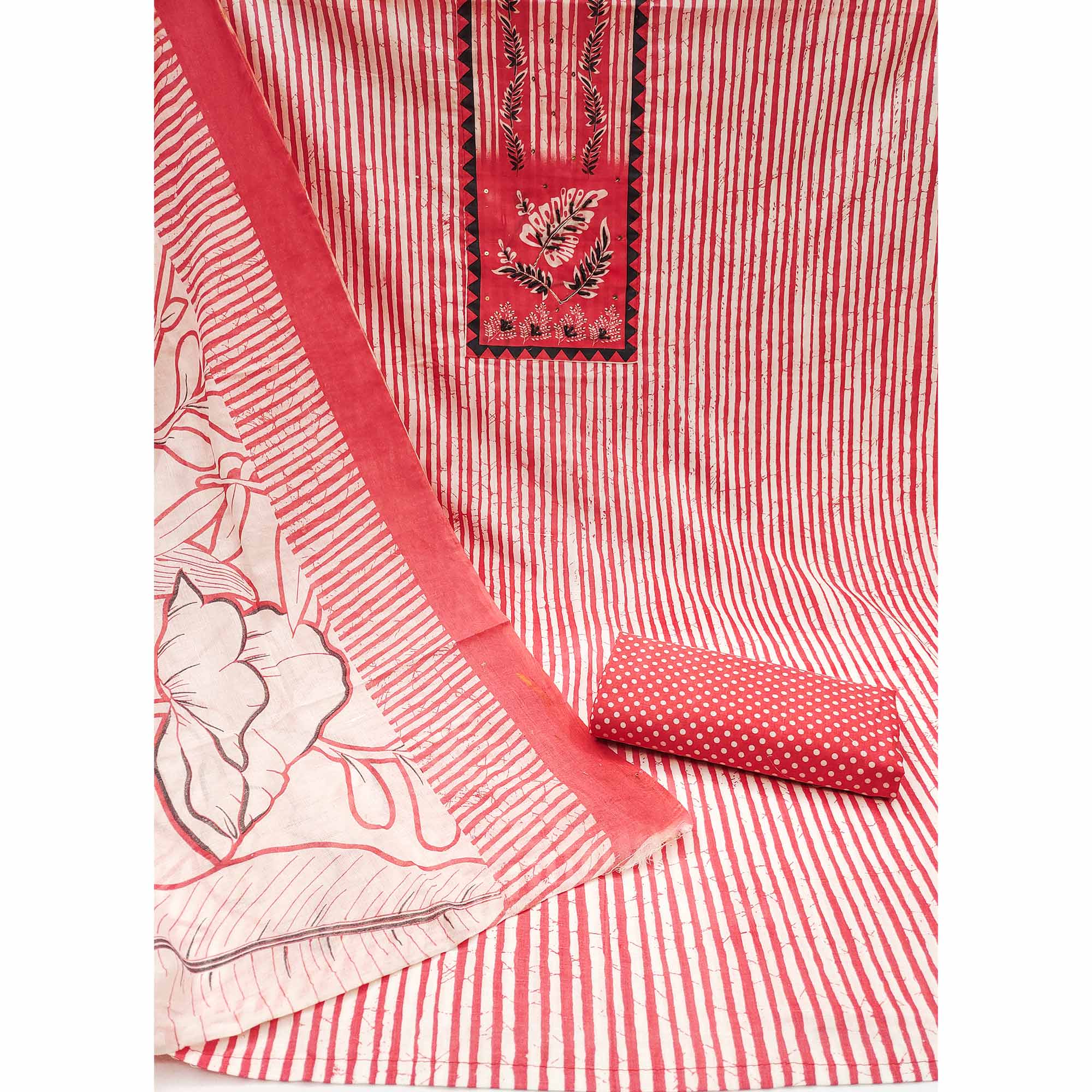 Red Striped Printed With Embroidered Pure Cotton Dress Material - Image 3