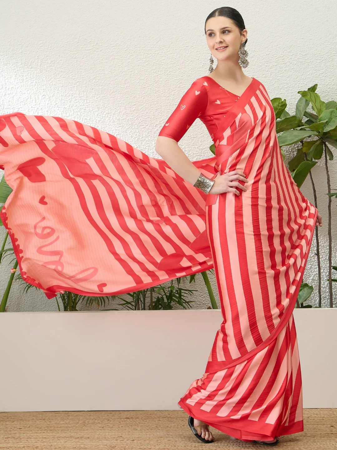 Red Striped Satin Saree with 'Love' Print and Tassel Details - Image 4