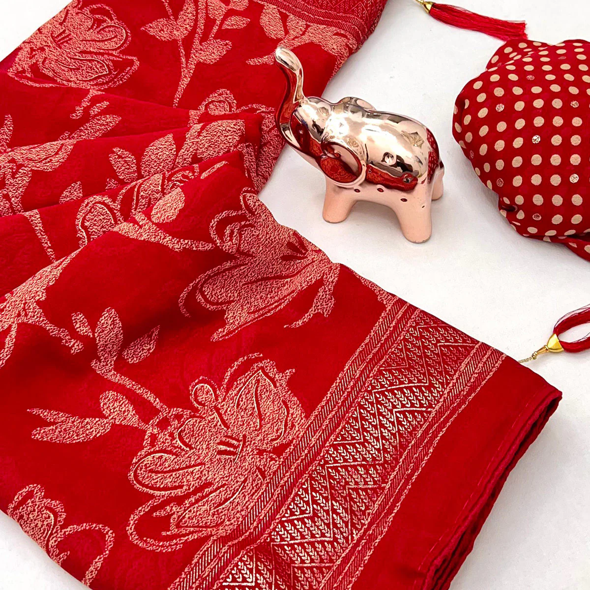 Red Toned Georgette Saree With Intricate Mill Print & Gleaming Floral Foil Embellishments - Image 2