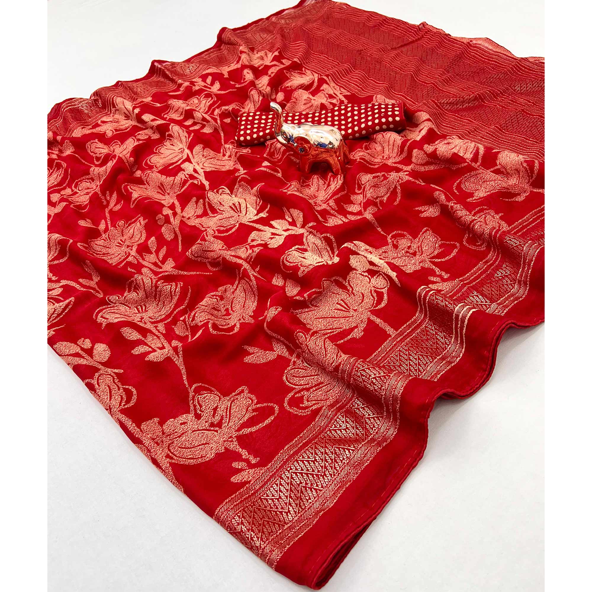 Red Toned Georgette Saree With Intricate Mill Print & Gleaming Floral Foil Embellishments - Image 3