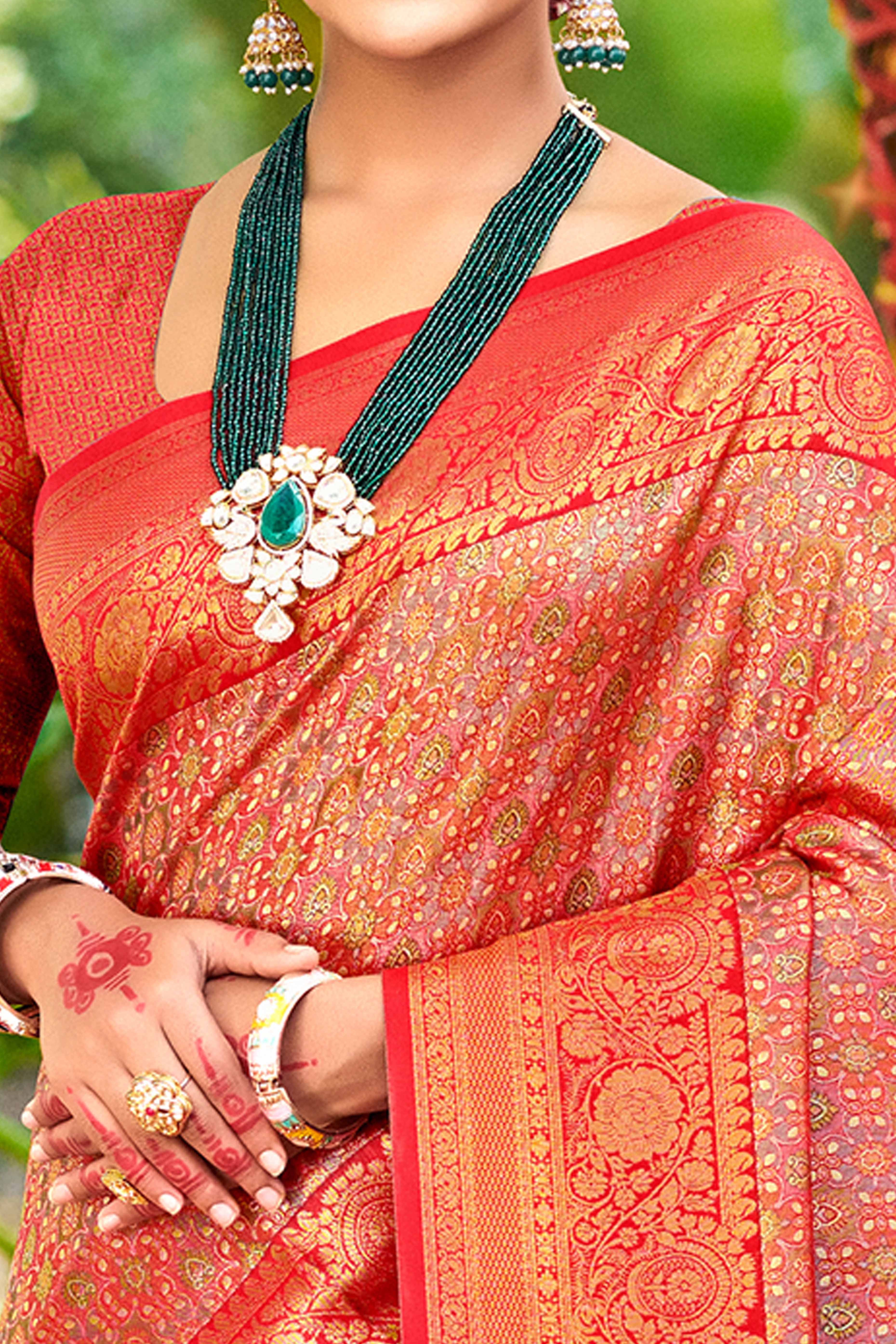 Red Traditional Silk Blend Dharmavaram Saree With Floral Weaves & Tassels Pallu - Image 2