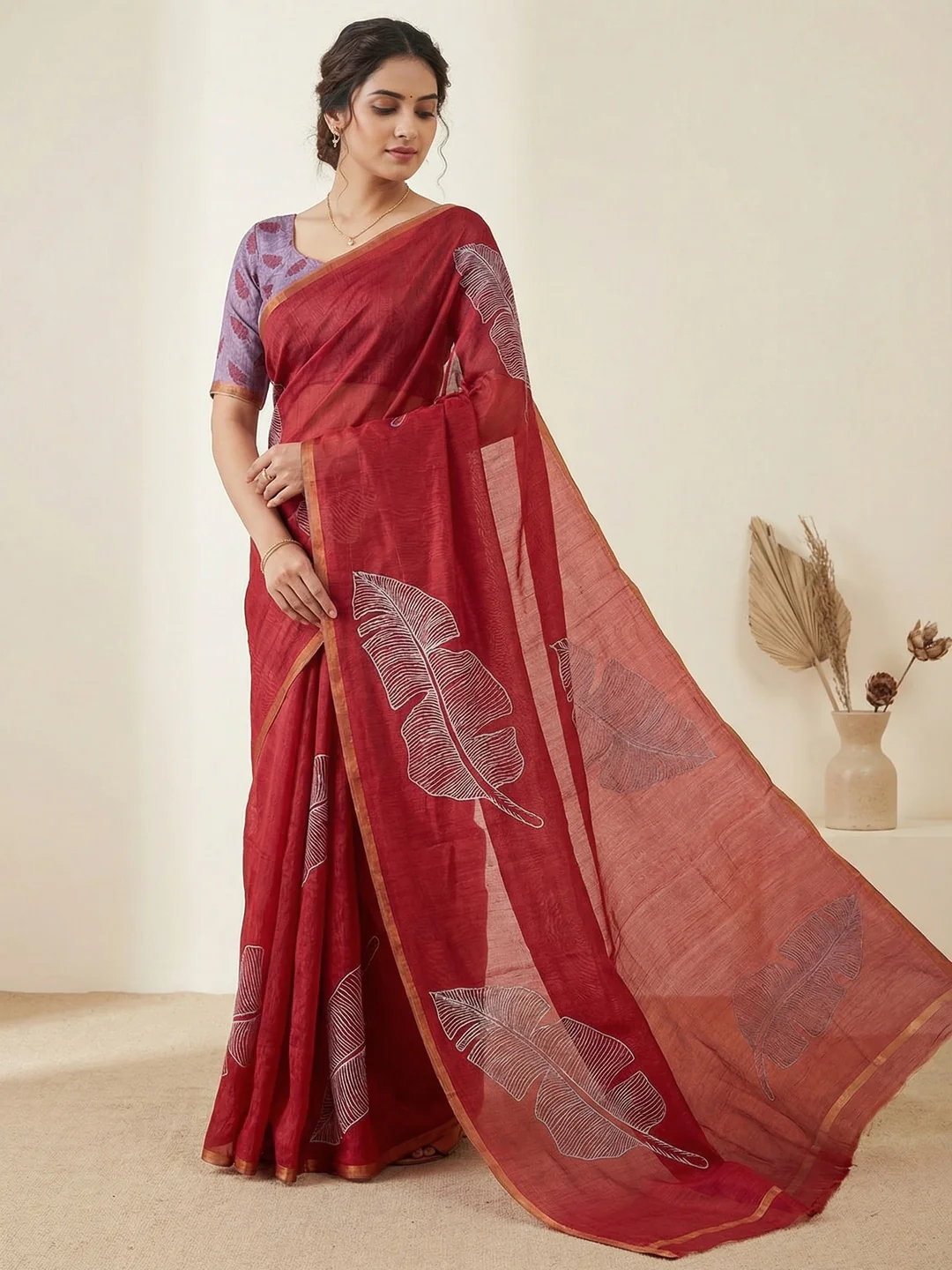 Red Tussar Silk Saree with Leaf Print and Matching Blouse