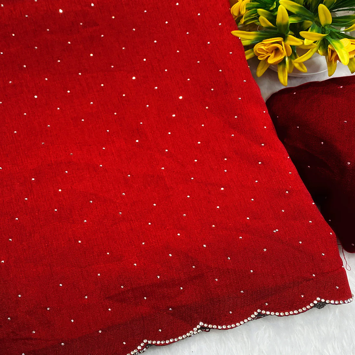 Red Vichitra Silk Saree Accented with Stone Embellishments - Image 2