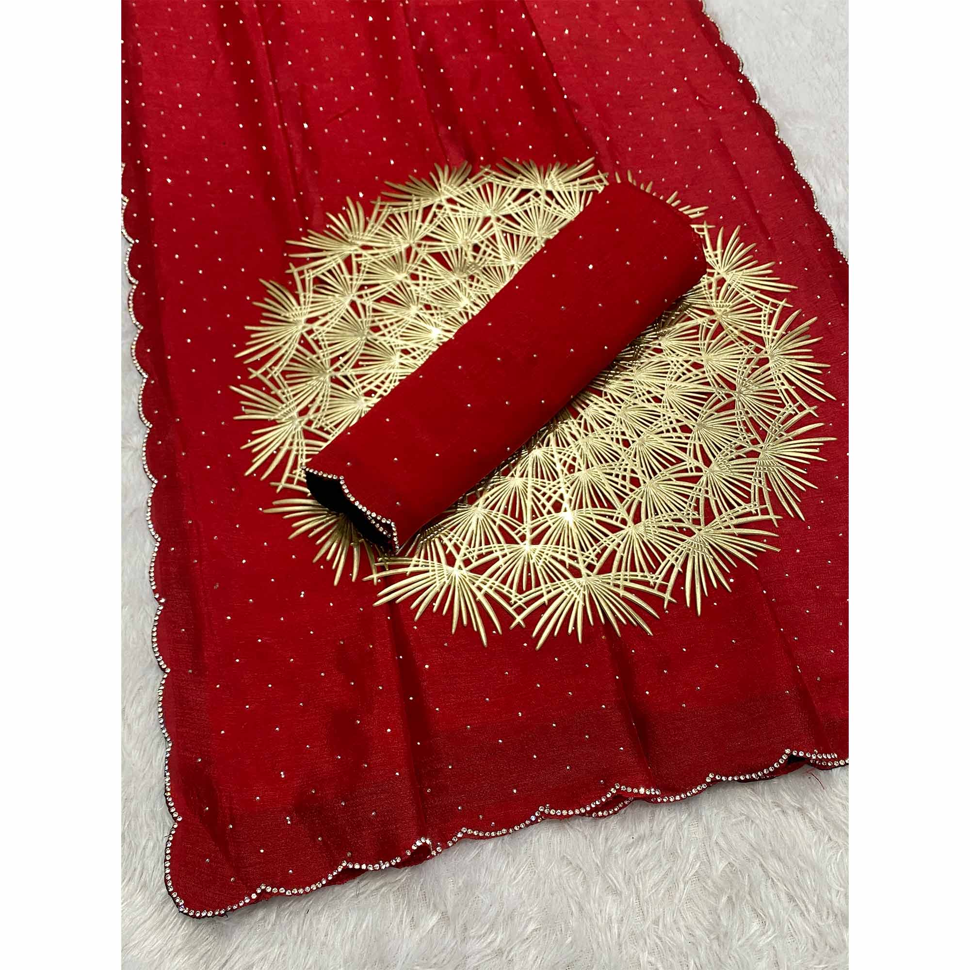 Red Vichitra Silk Saree Accented with Stone Embellishments - Image 3