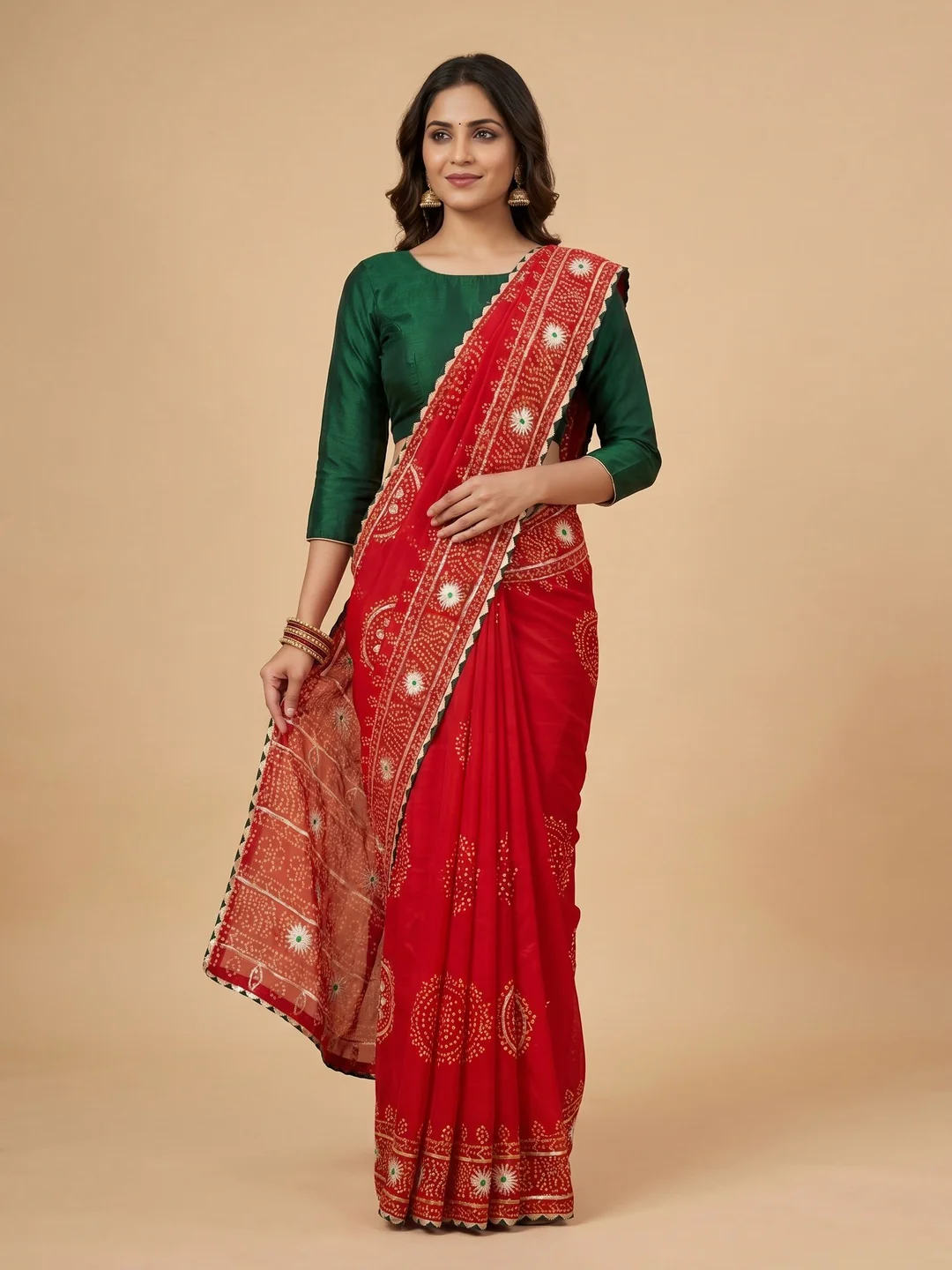 Red Vichitra Silk Saree with Bandhani Design and Gota Work Traditional Look