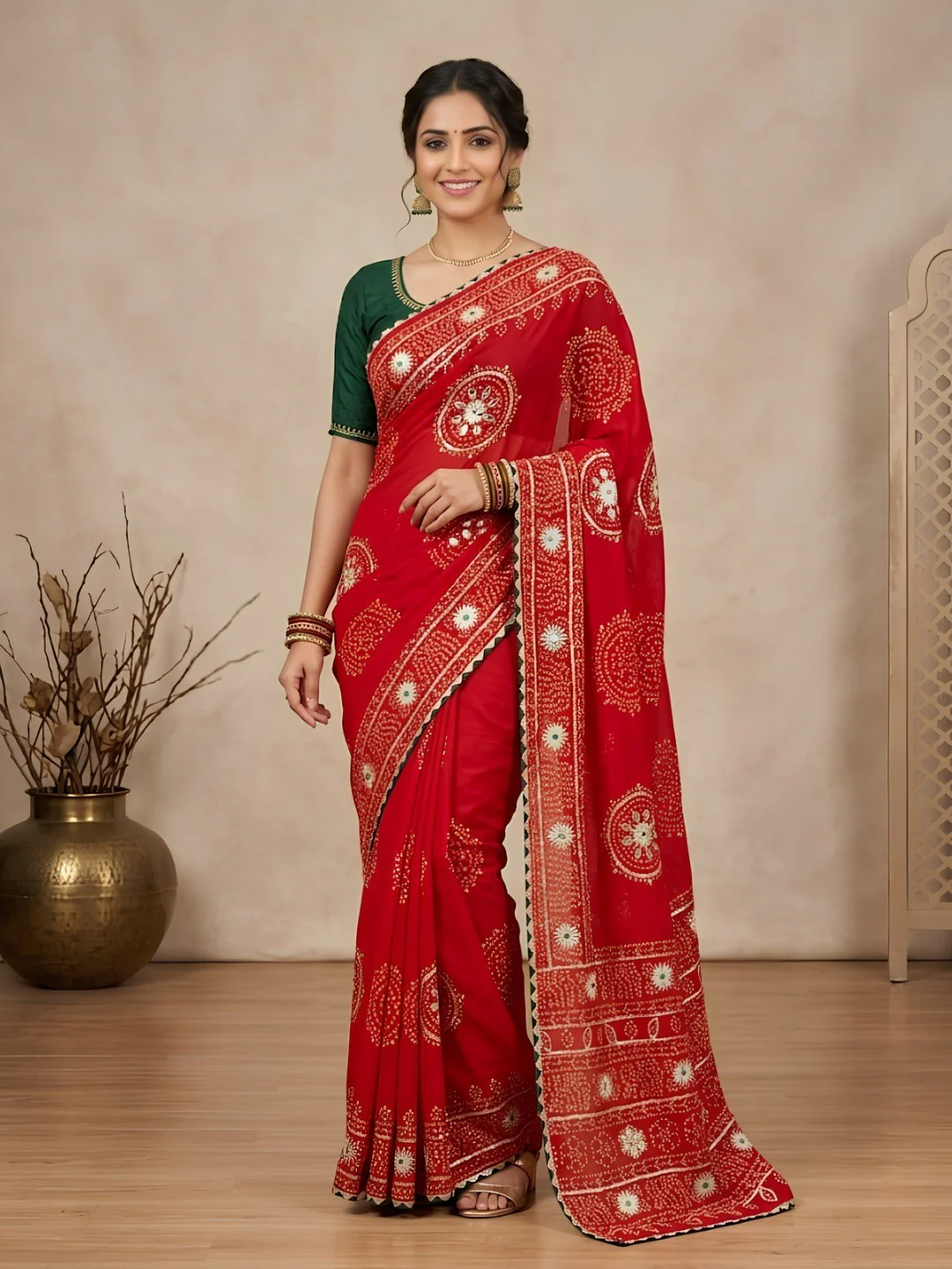 Red Vichitra Silk Saree with Bandhani Design and Gota Work Traditional Look - Image 3