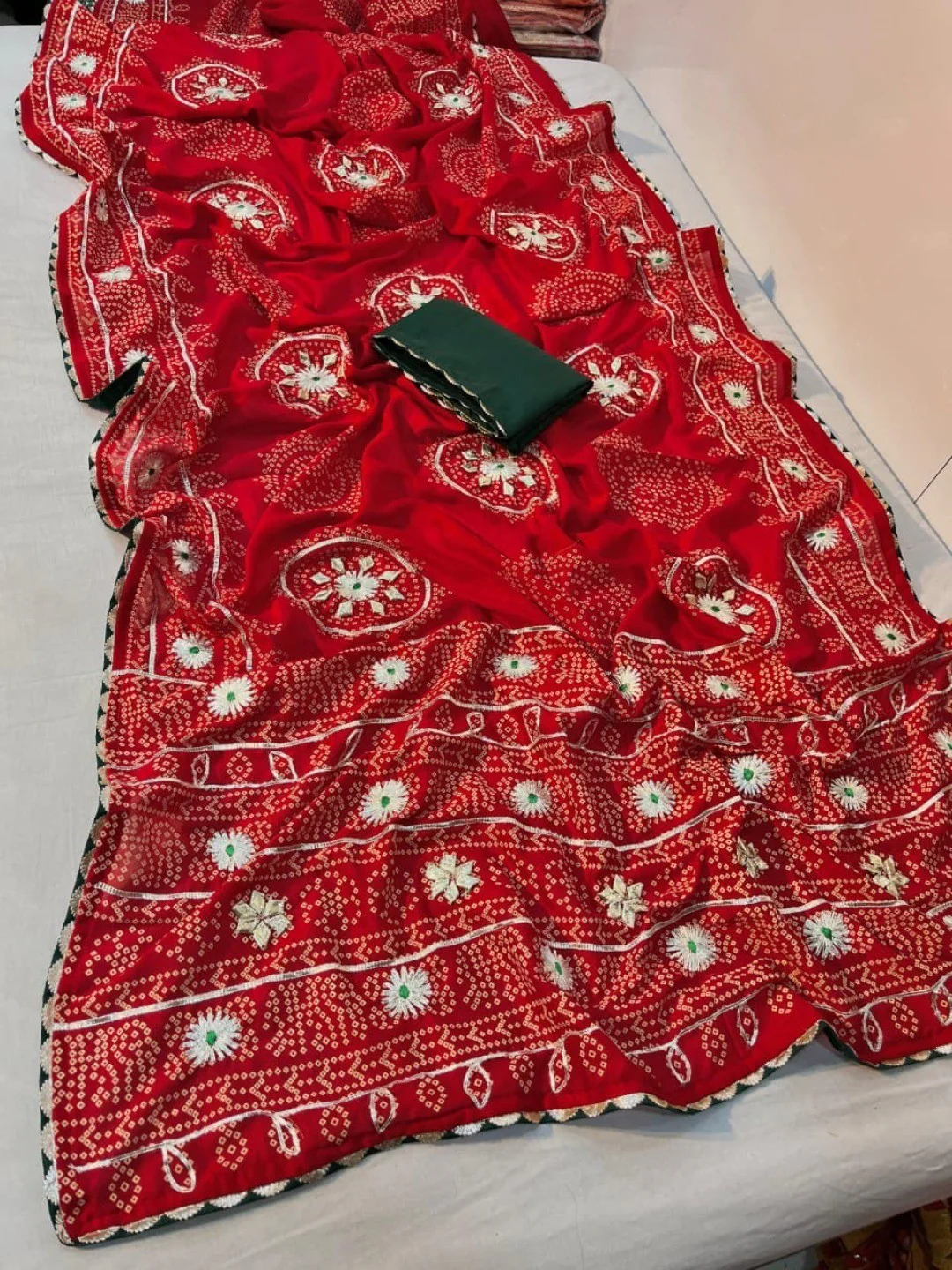 Red Vichitra Silk Saree with Bandhani Design and Gota Work Traditional Look - Image 4