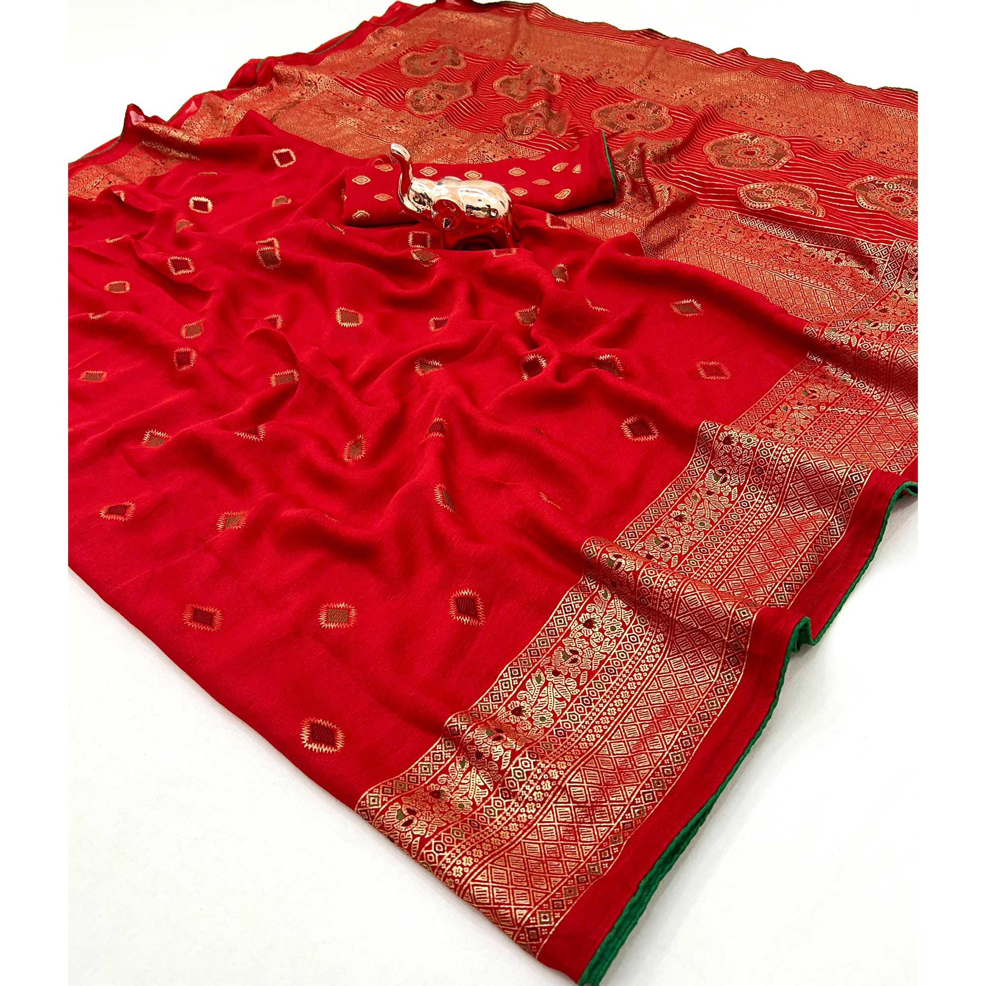 Red Viscose Saree with Foil Geometric Prints - Image 3