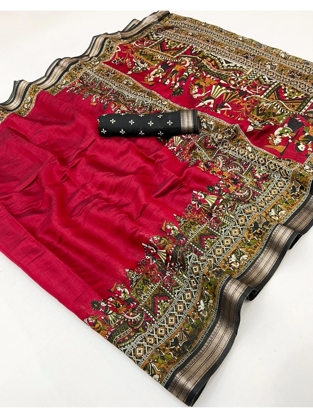 Red Viscose Saree with Kalamkari Print and Jari Border and Fine Finish - Image 2