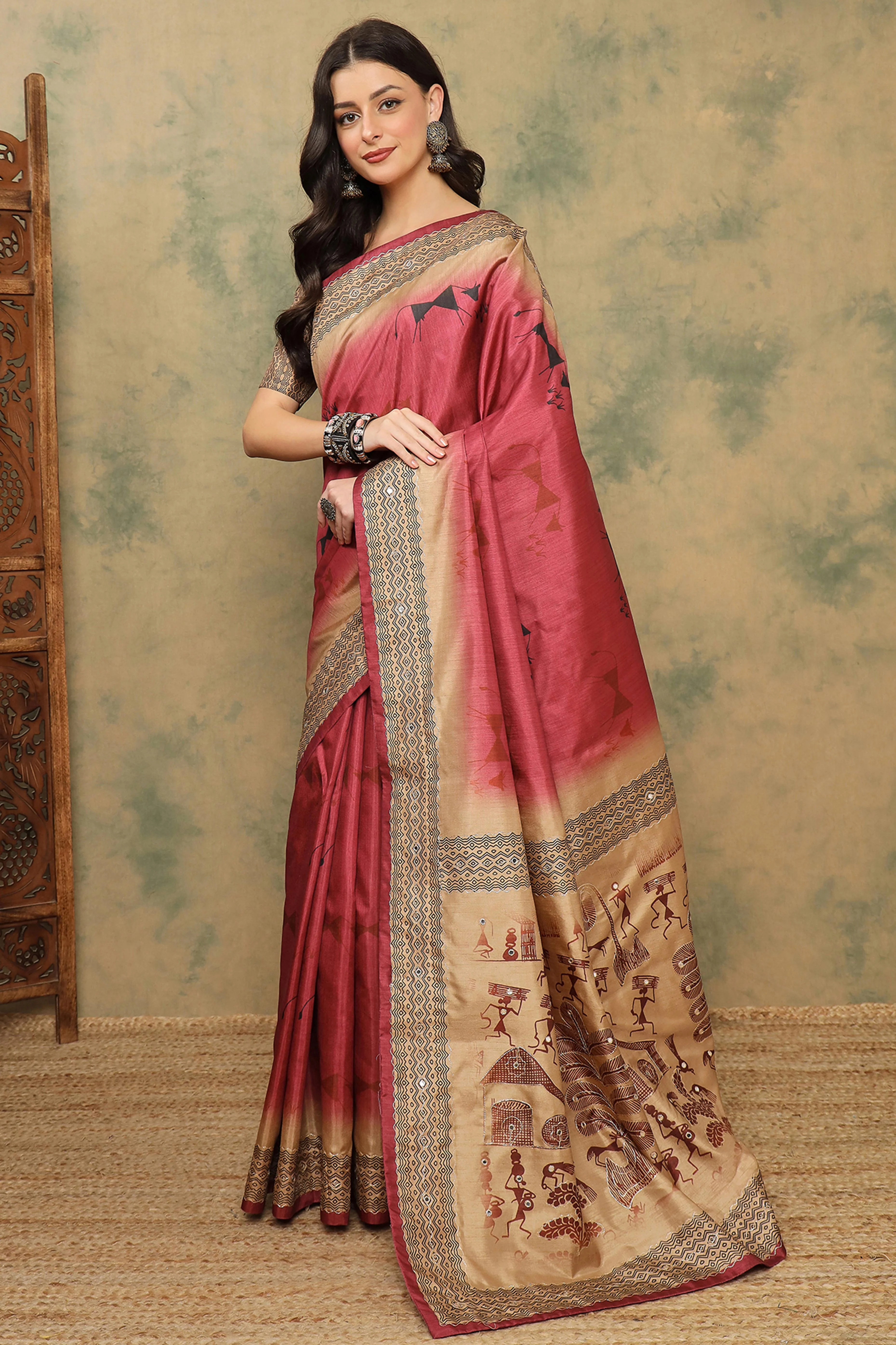 Red Warli Folk Art Printed Cotton Silk Saree Flowy Drape Festive Wear - Image 3