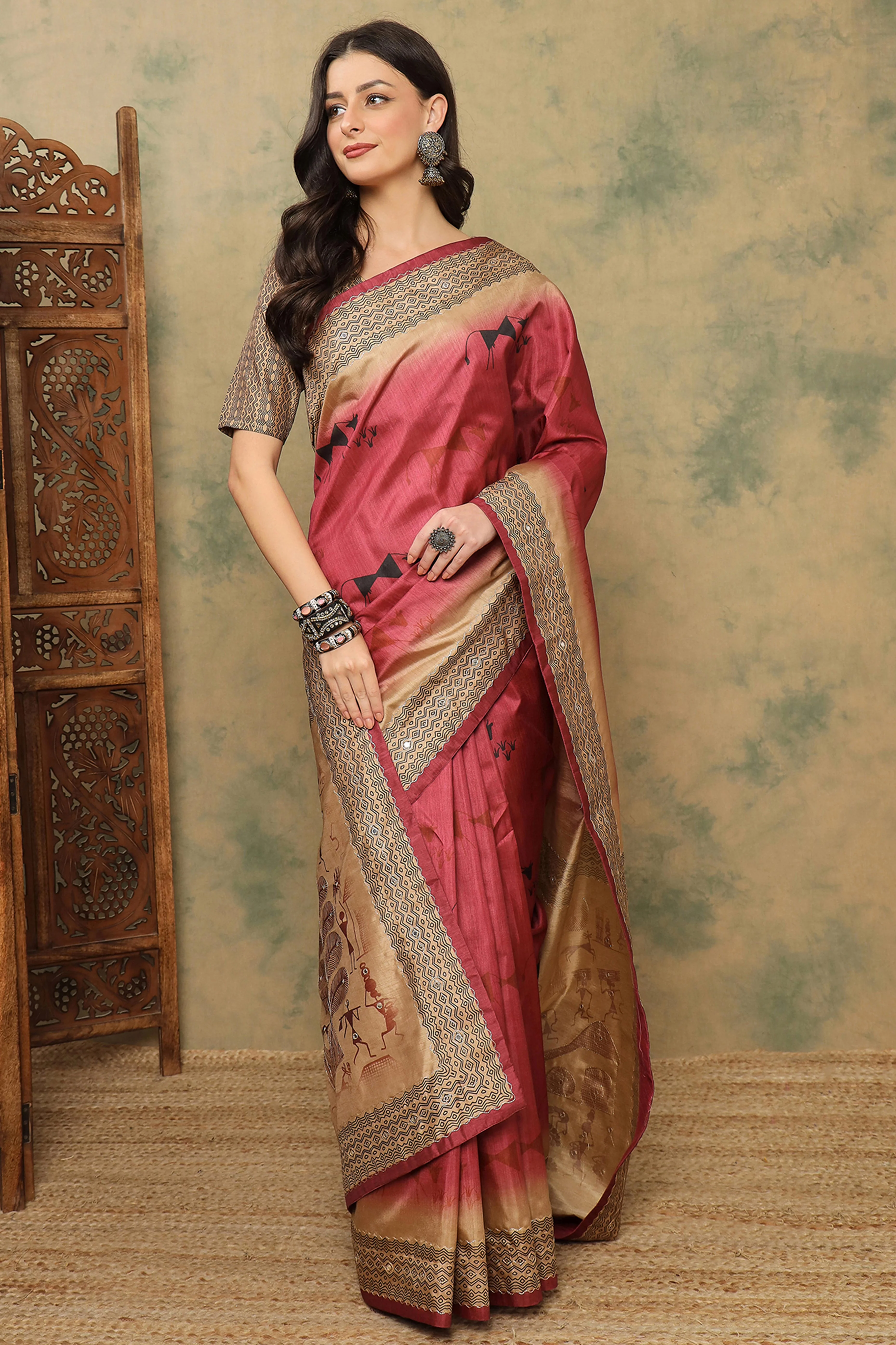 Red Warli Folk Art Printed Cotton Silk Saree Flowy Drape Festive Wear - Image 4