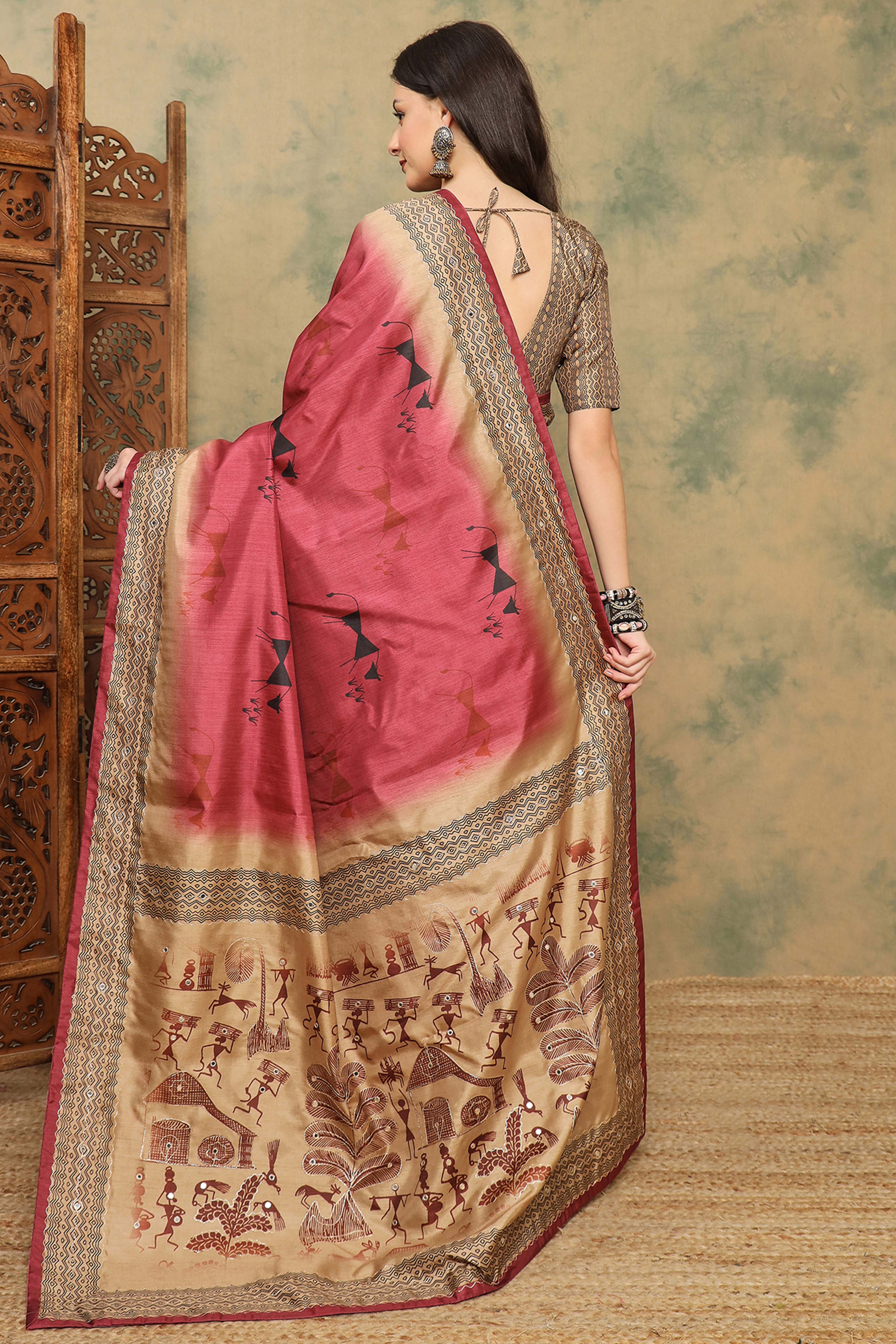 Red Warli Folk Art Printed Cotton Silk Saree Flowy Drape Festive Wear - Image 5