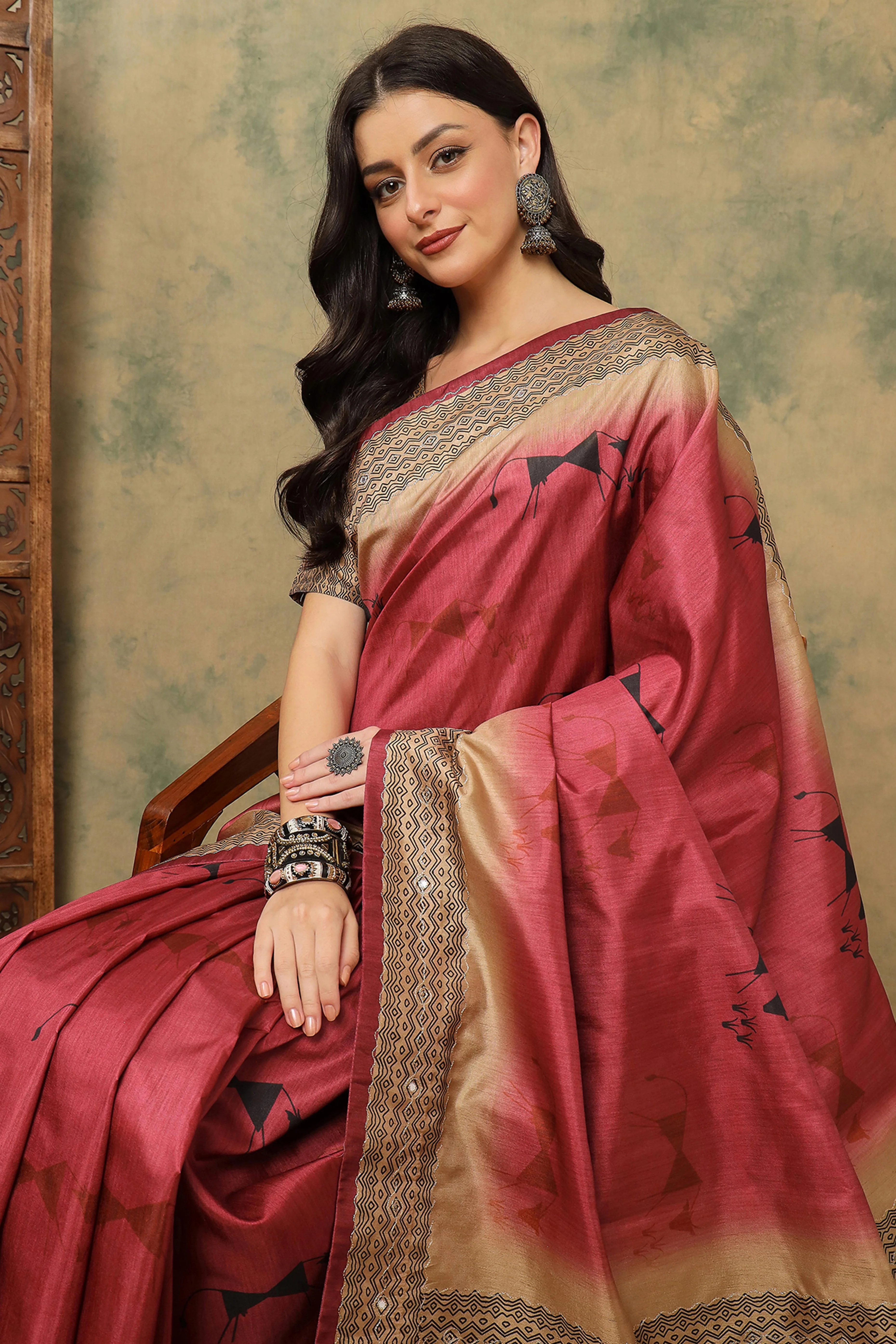 Red Warli Folk Art Printed Cotton Silk Saree Flowy Drape Festive Wear - Image 6