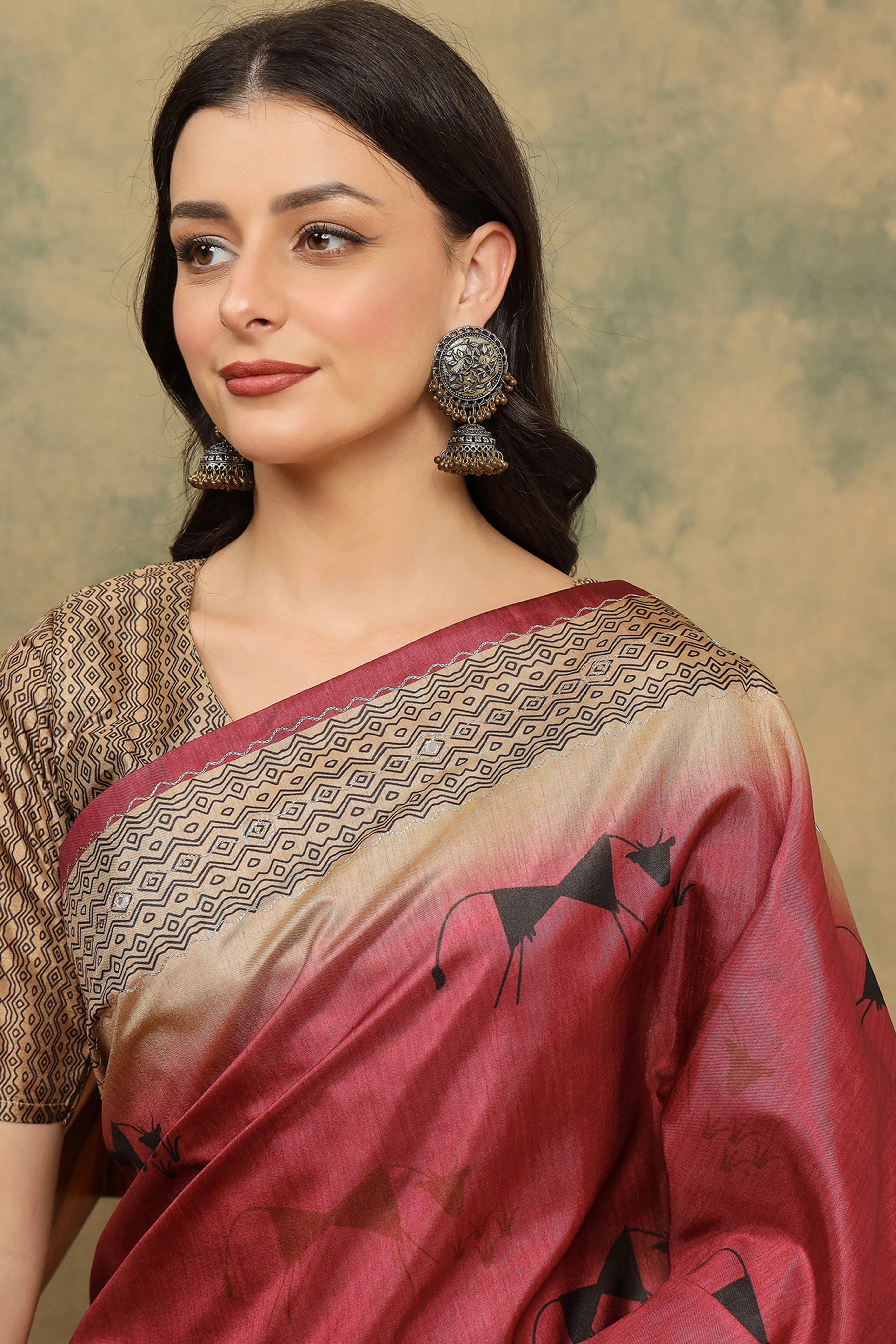 Red Warli Folk Art Printed Cotton Silk Saree Flowy Drape Festive Wear - Image 7